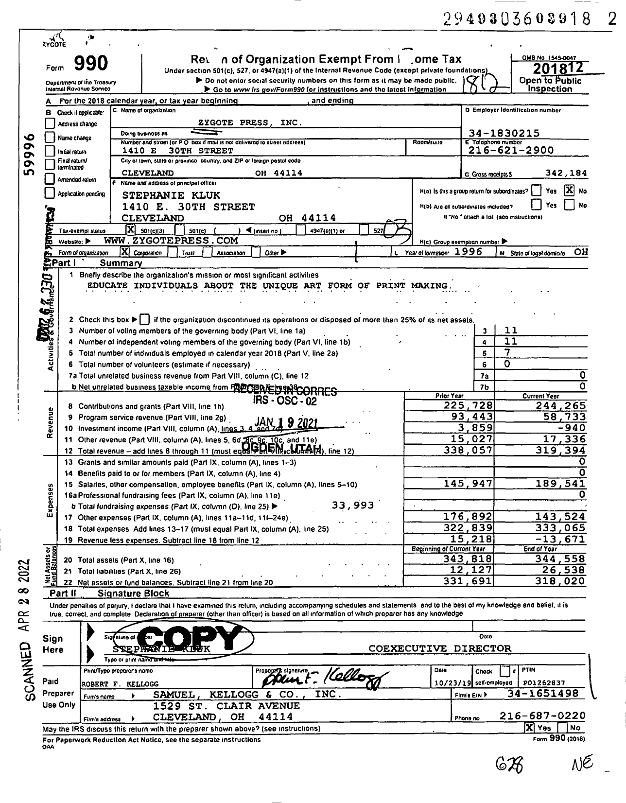 Image of first page of 2018 Form 990 for Zygote Press