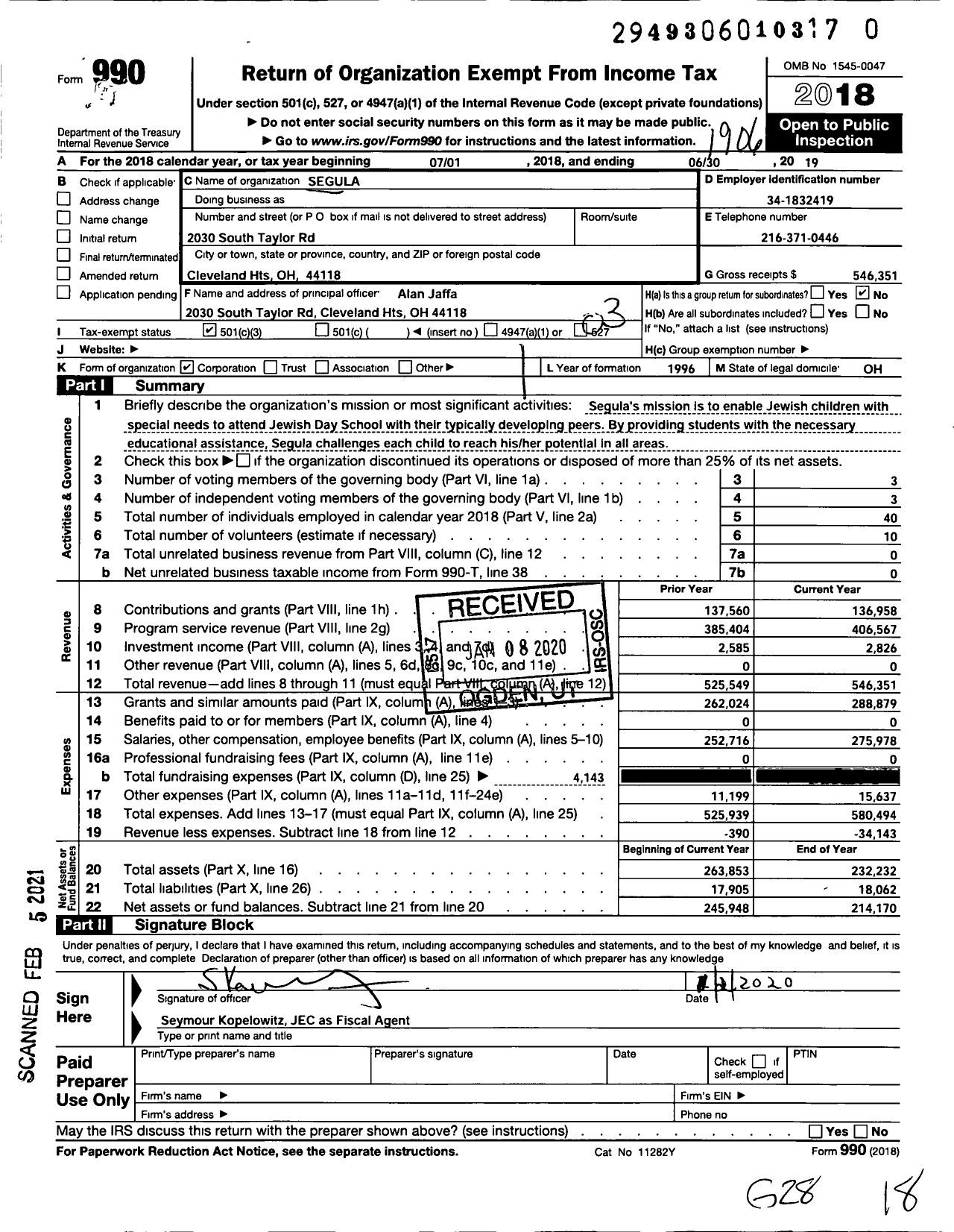 Image of first page of 2018 Form 990 for Segula