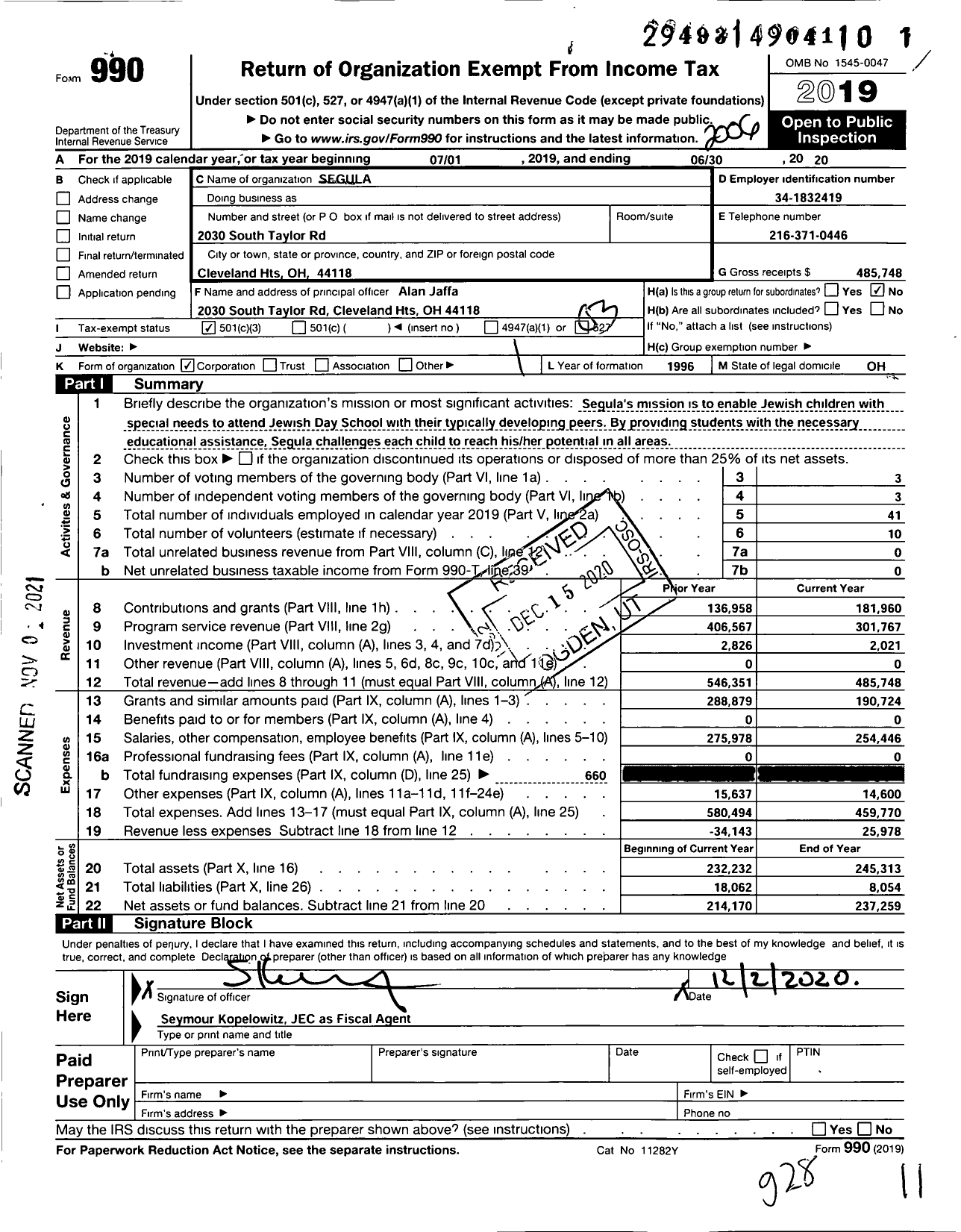 Image of first page of 2019 Form 990 for Segula
