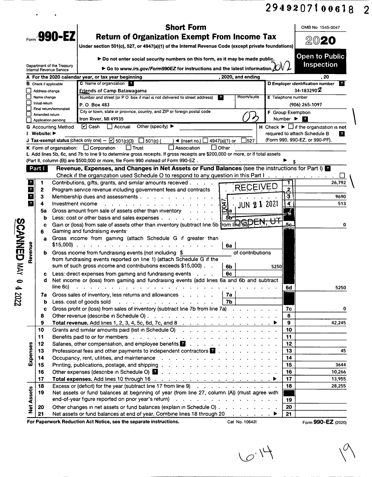 Image of first page of 2020 Form 990EZ for Friends of Camp Batawagama