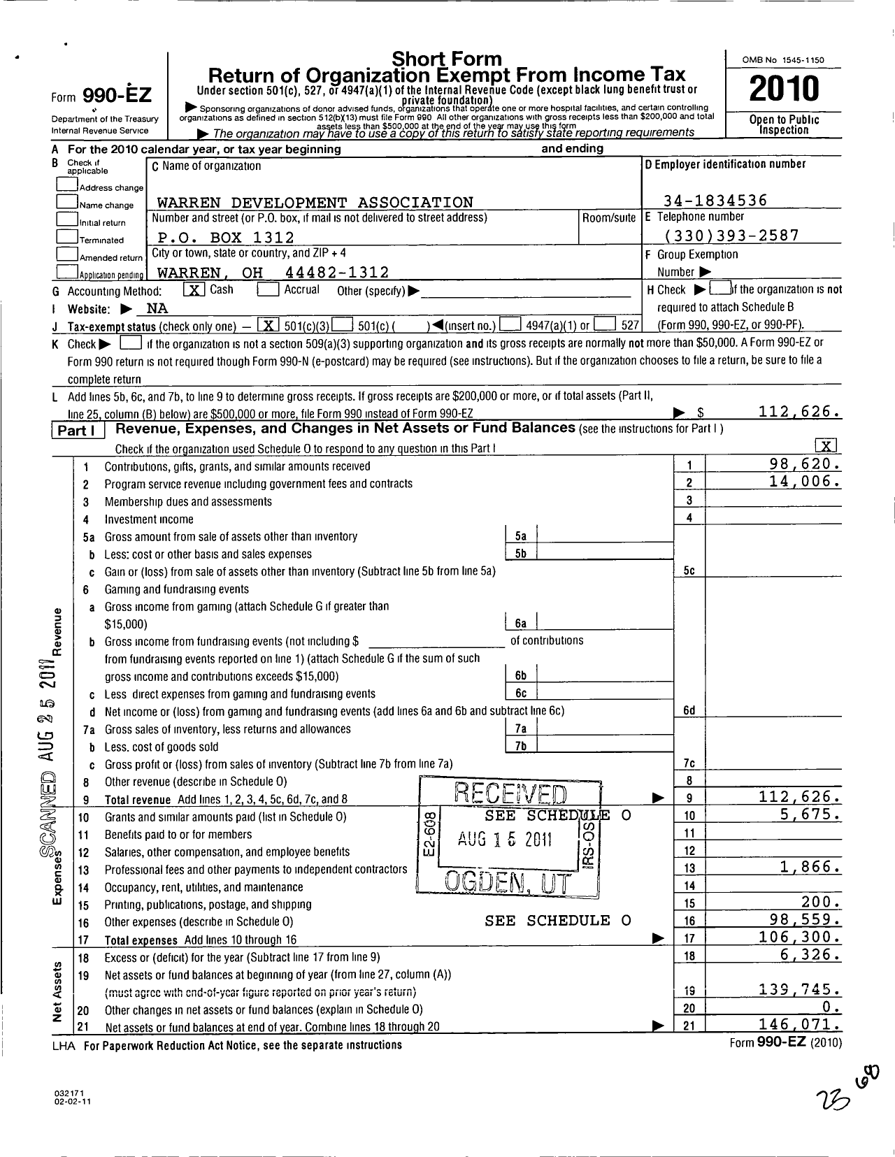 Image of first page of 2010 Form 990EZ for Warren Development Association