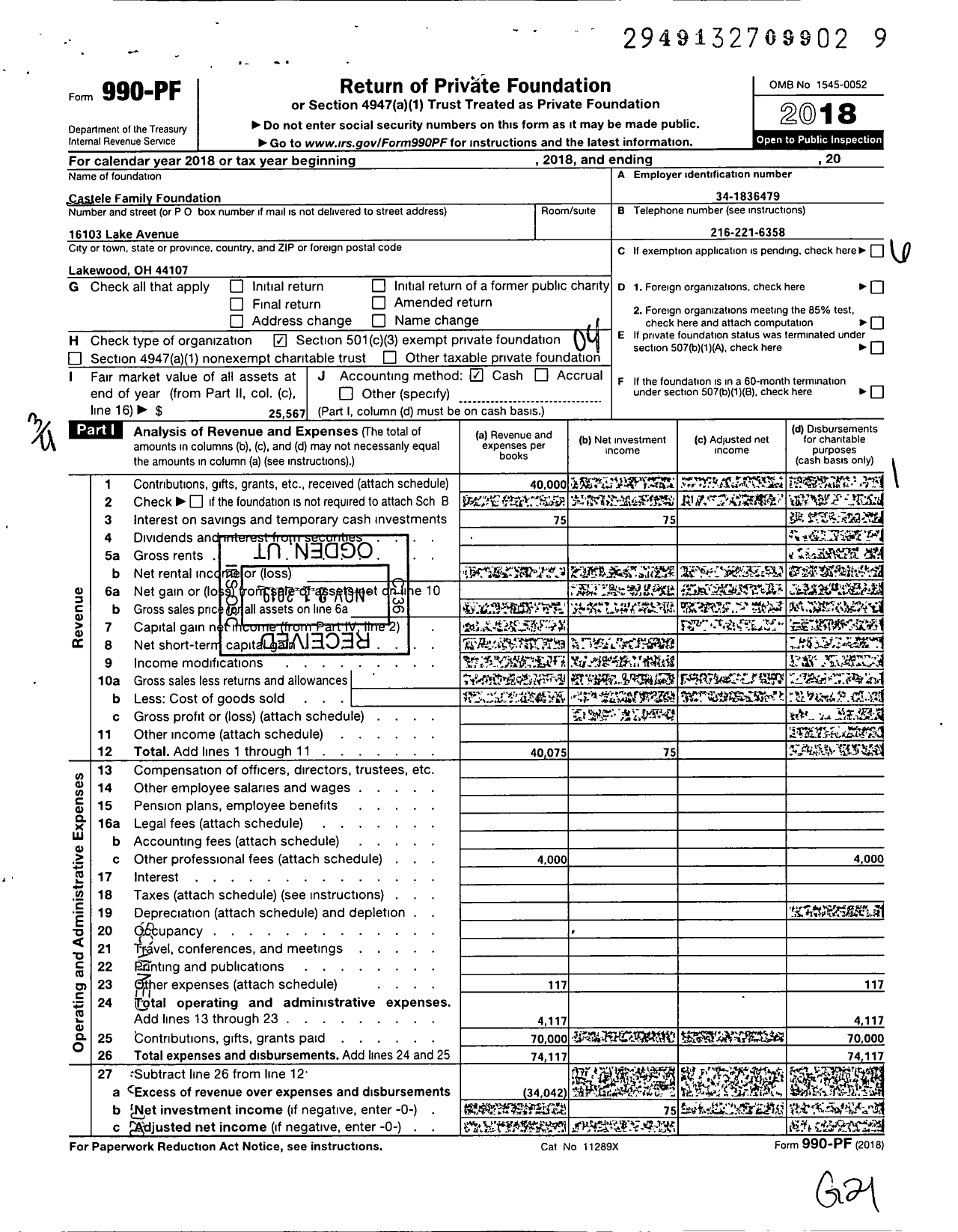 Image of first page of 2018 Form 990PF for Castele Family Foundation