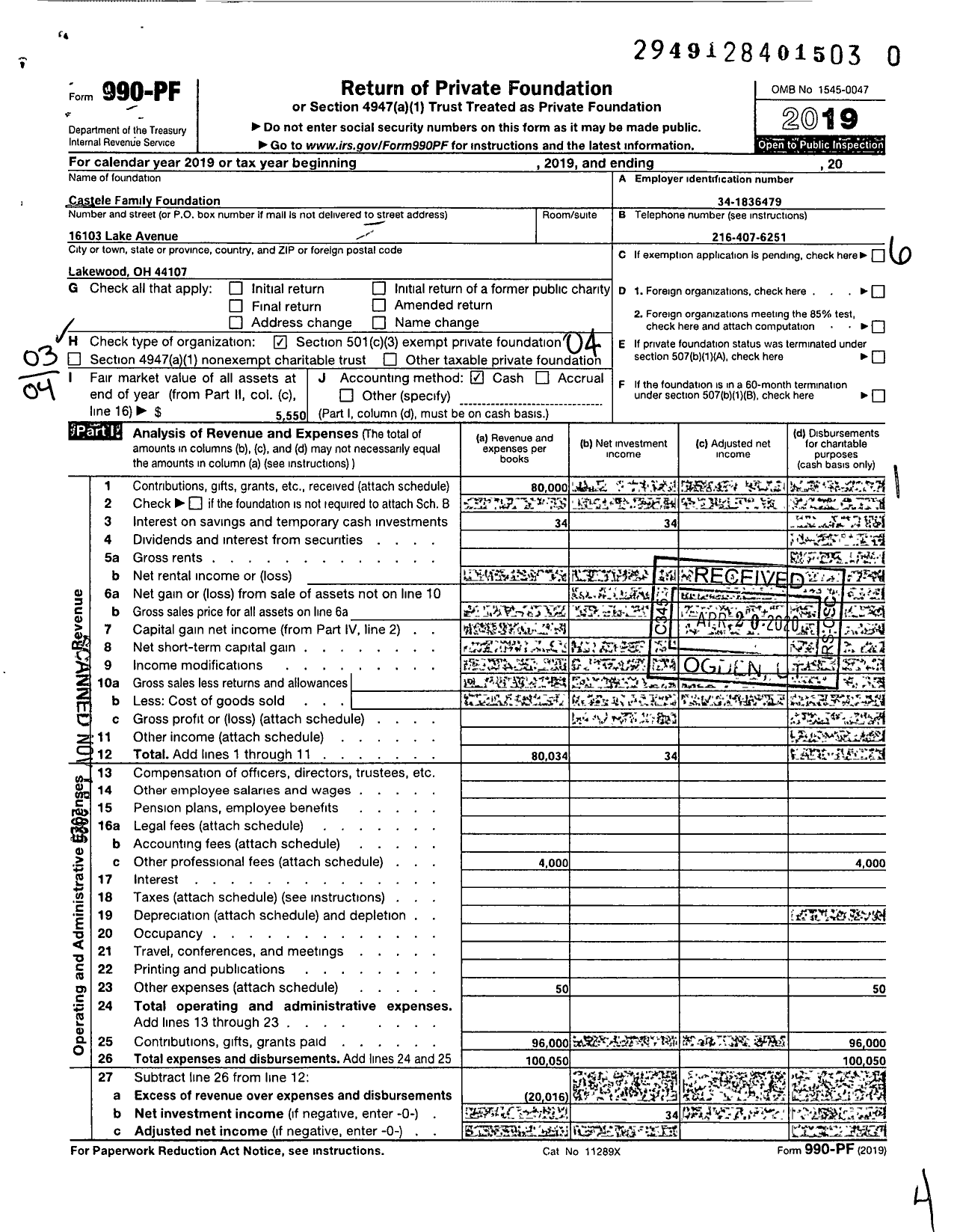 Image of first page of 2019 Form 990PF for Castele Family Foundation