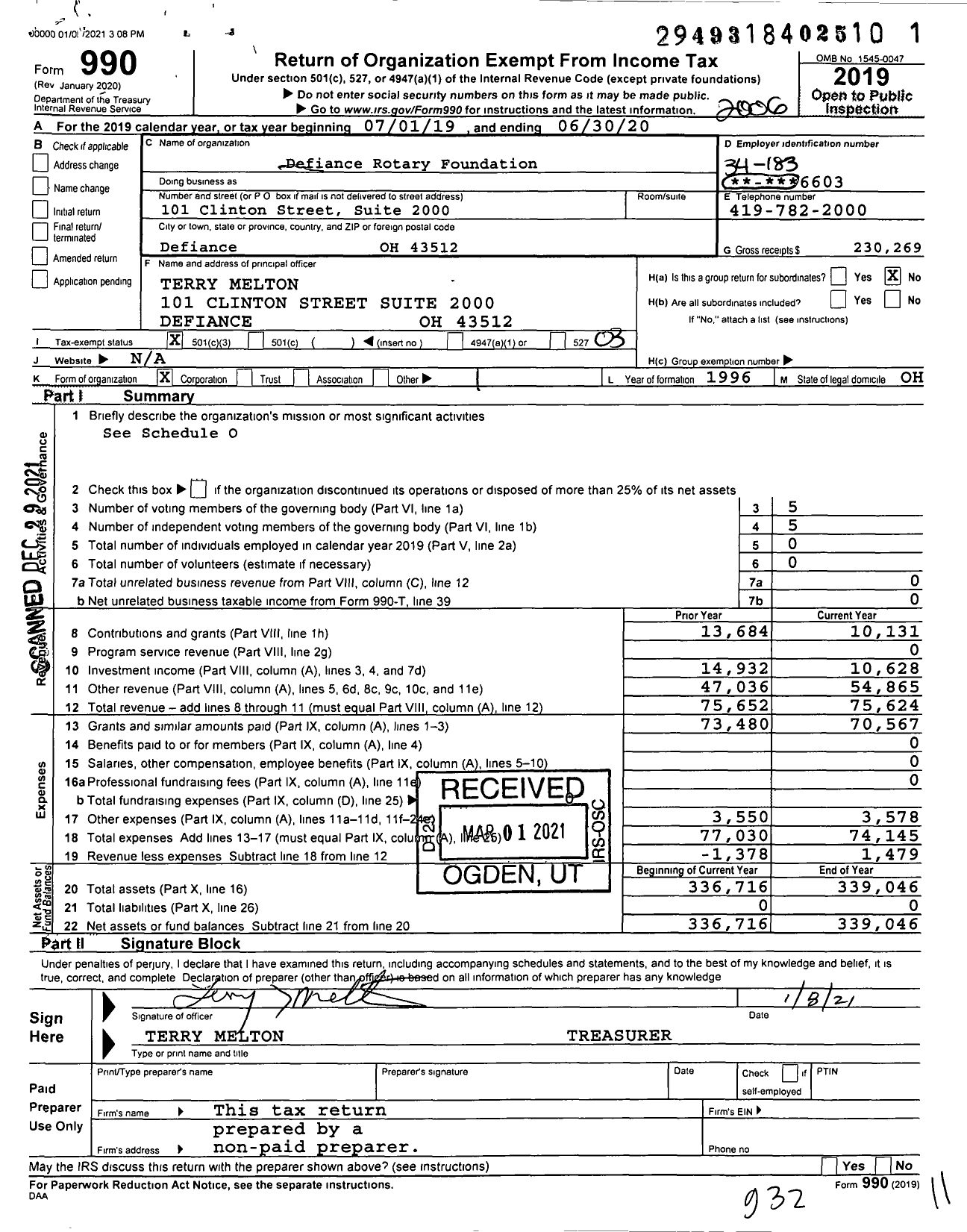 Image of first page of 2019 Form 990 for Defiance Rotary Foundation