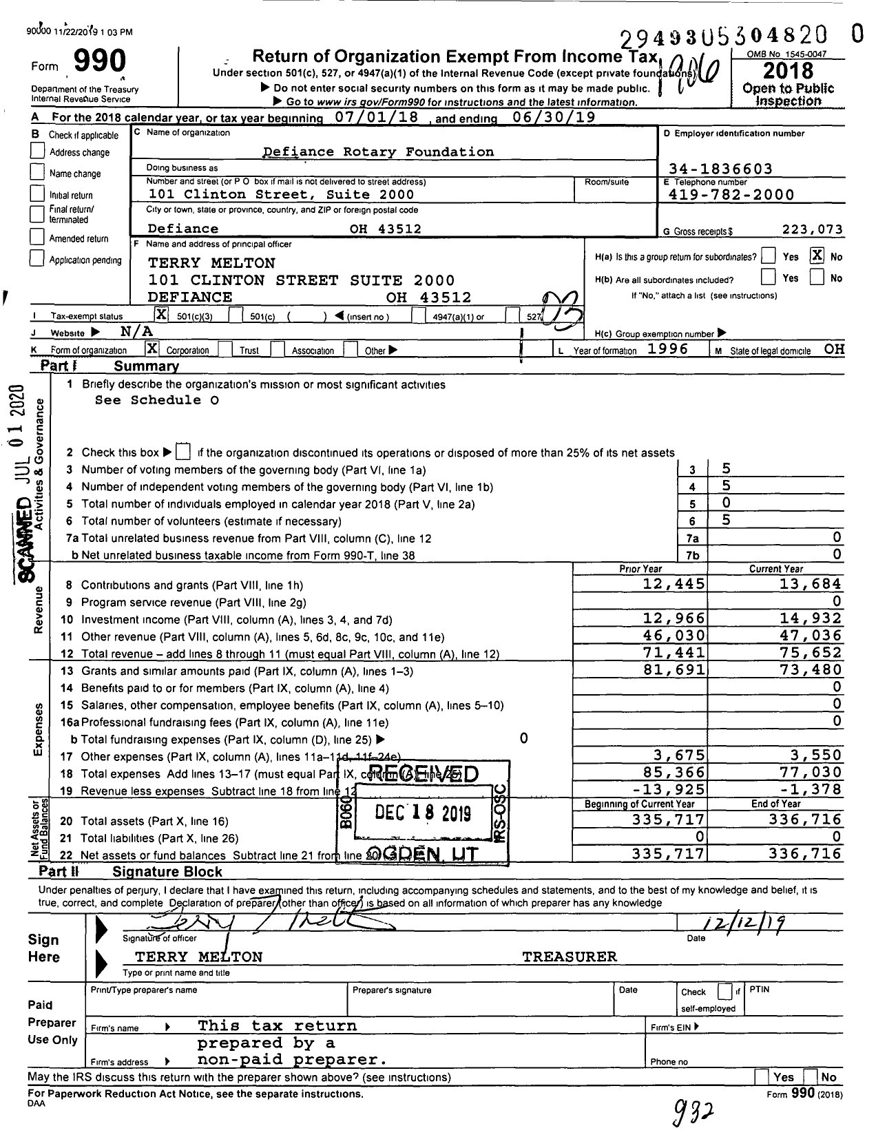 Image of first page of 2018 Form 990 for Defiance Rotary Foundation