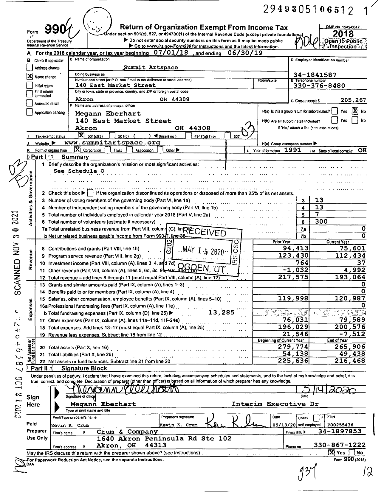 Image of first page of 2018 Form 990 for Summit Artspace