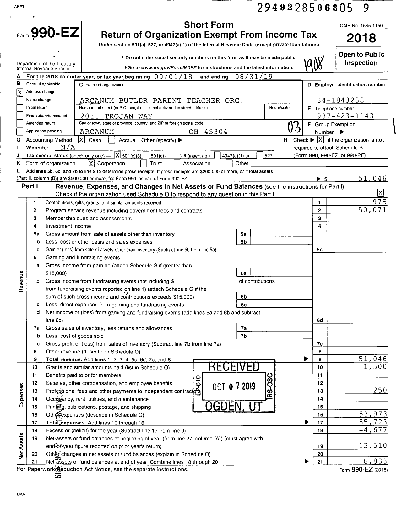 Image of first page of 2018 Form 990EZ for Arcanum-Butler Parent-Teacher Org