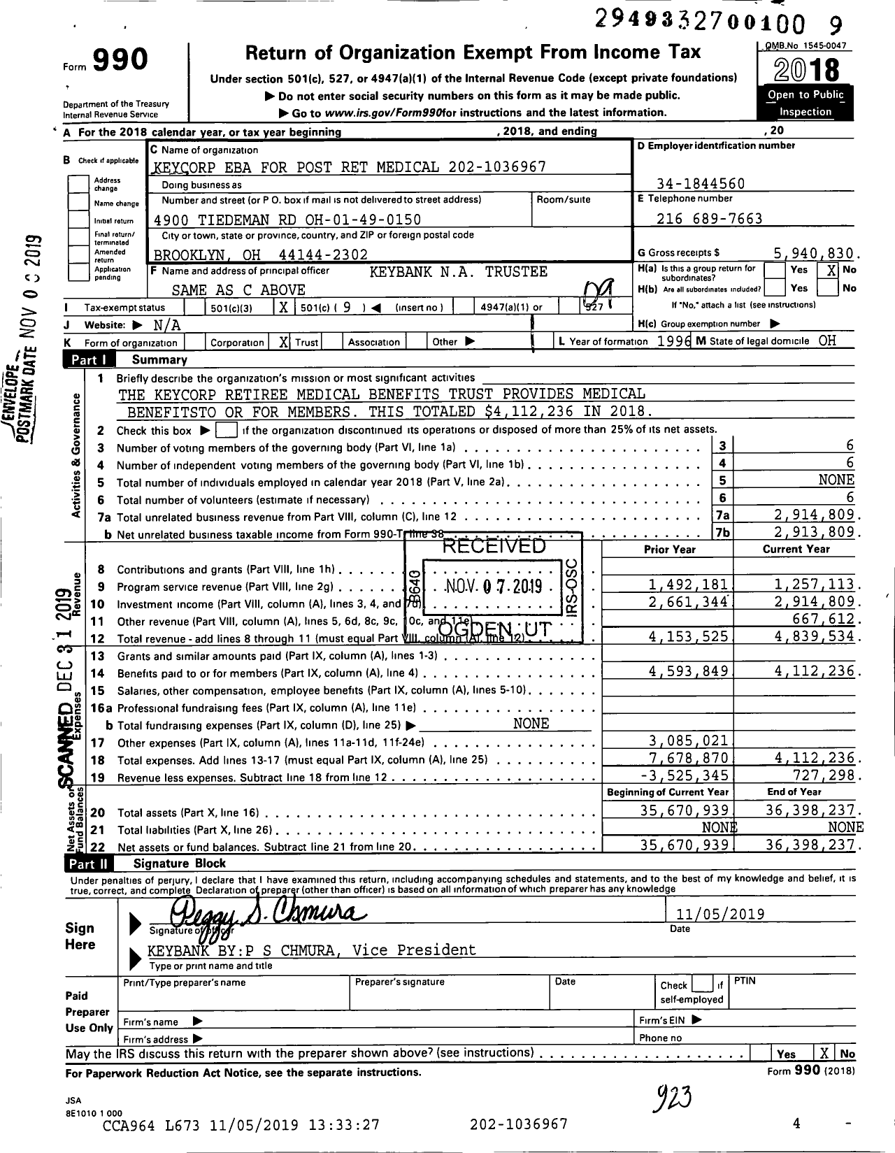Image of first page of 2018 Form 990O for Keycorp Eba for Post Ret Medical