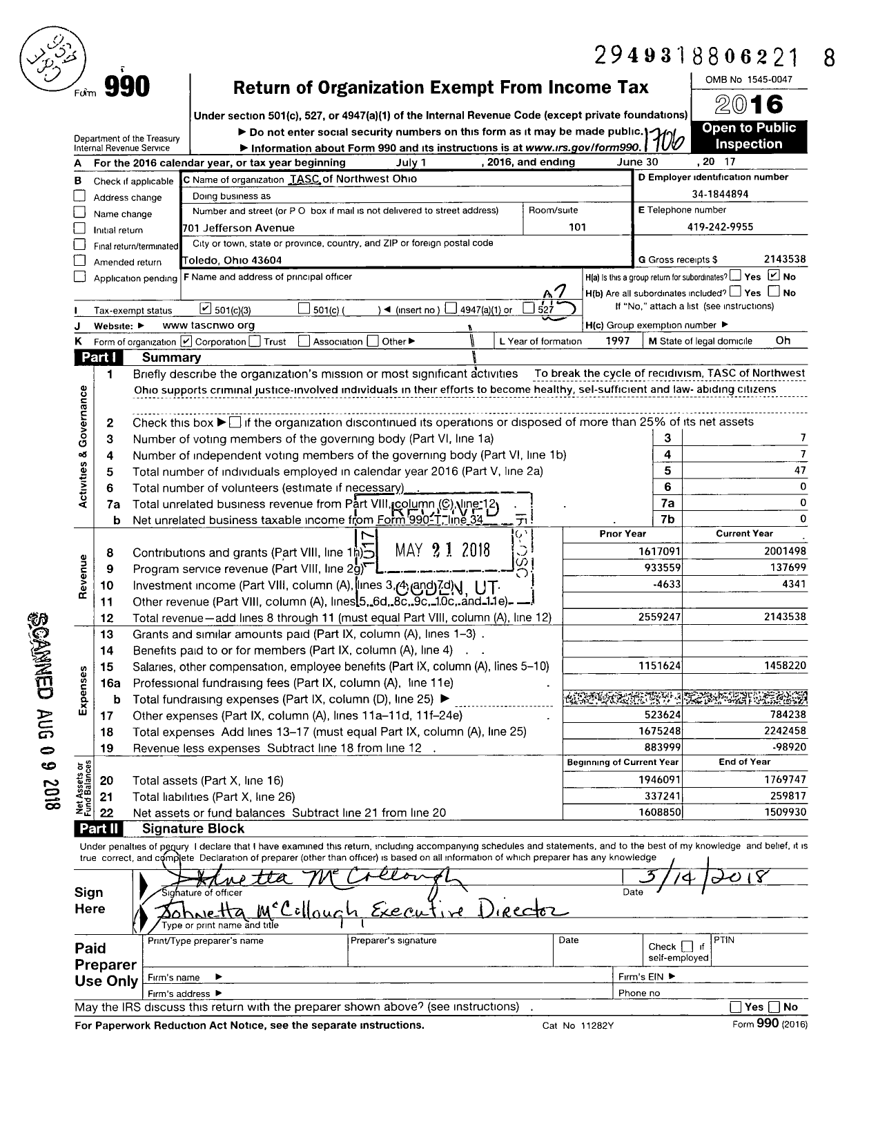 Image of first page of 2016 Form 990 for TASC of Northwest Ohio