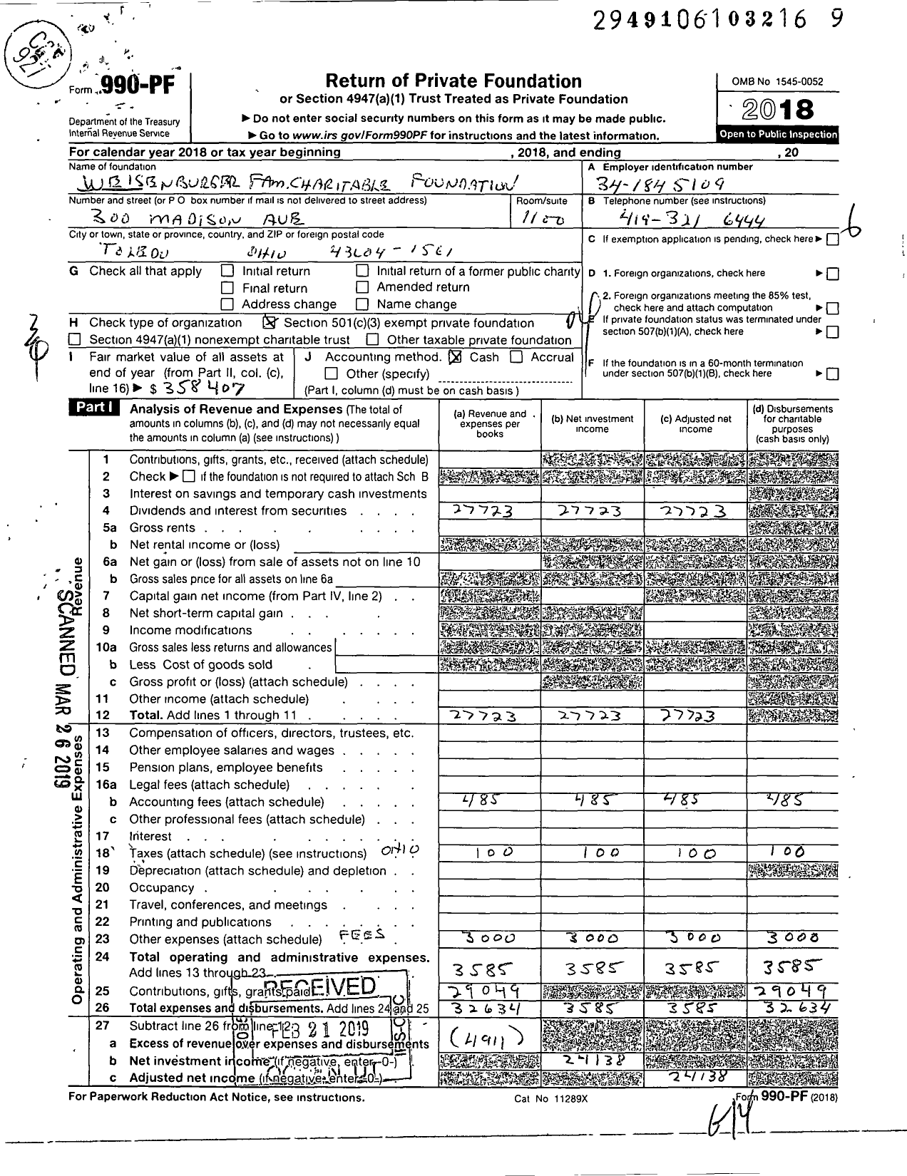 Image of first page of 2018 Form 990PF for Weisenburger Family Charitable Foundation