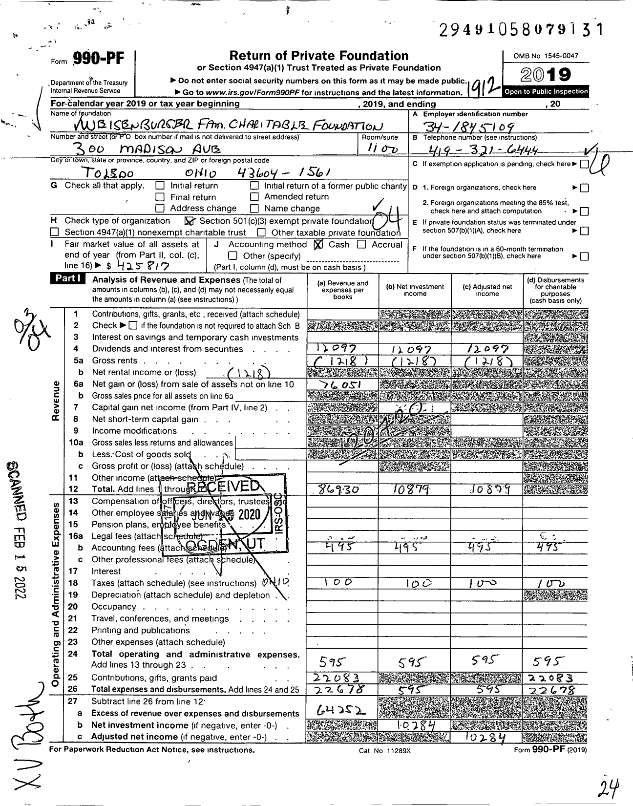 Image of first page of 2019 Form 990PF for Weisenburger Family Charitable Foundation