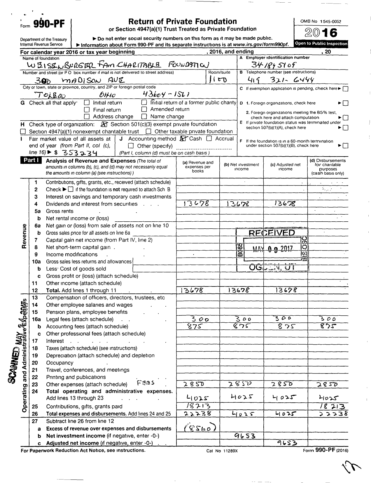 Image of first page of 2016 Form 990PF for Weisenburger Family Charitable Foundation