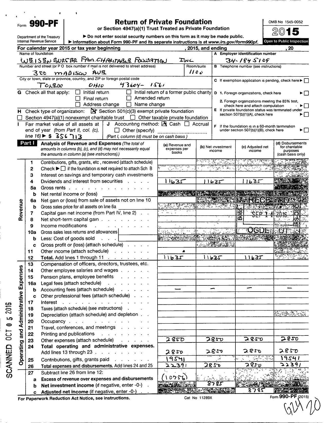 Image of first page of 2015 Form 990PF for Weisenburger Family Charitable Foundation