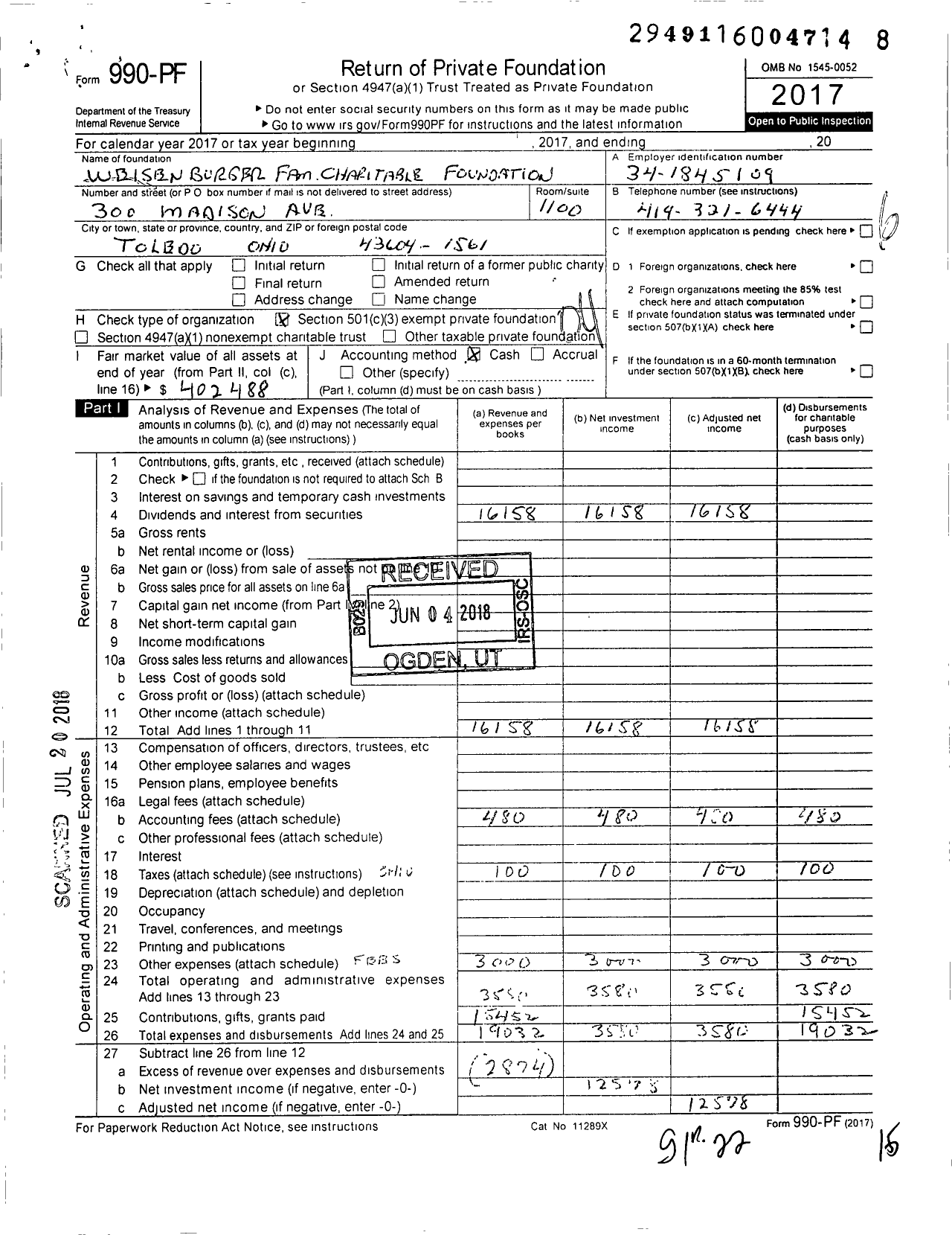 Image of first page of 2017 Form 990PF for Weisenburger Family Charitable Foundation