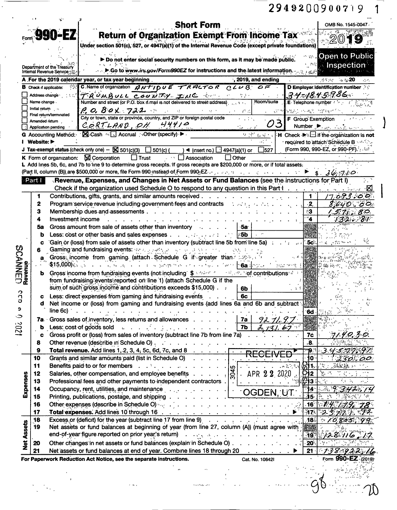 Image of first page of 2019 Form 990EZ for Antique Tractor Club of Trumbull County