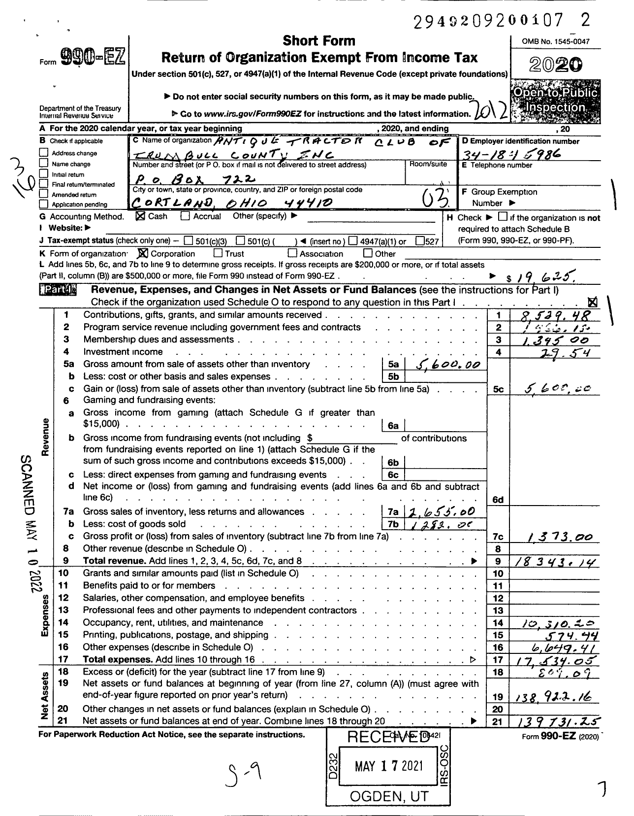 Image of first page of 2020 Form 990EZ for Antique Tractor Club of Trumbull County