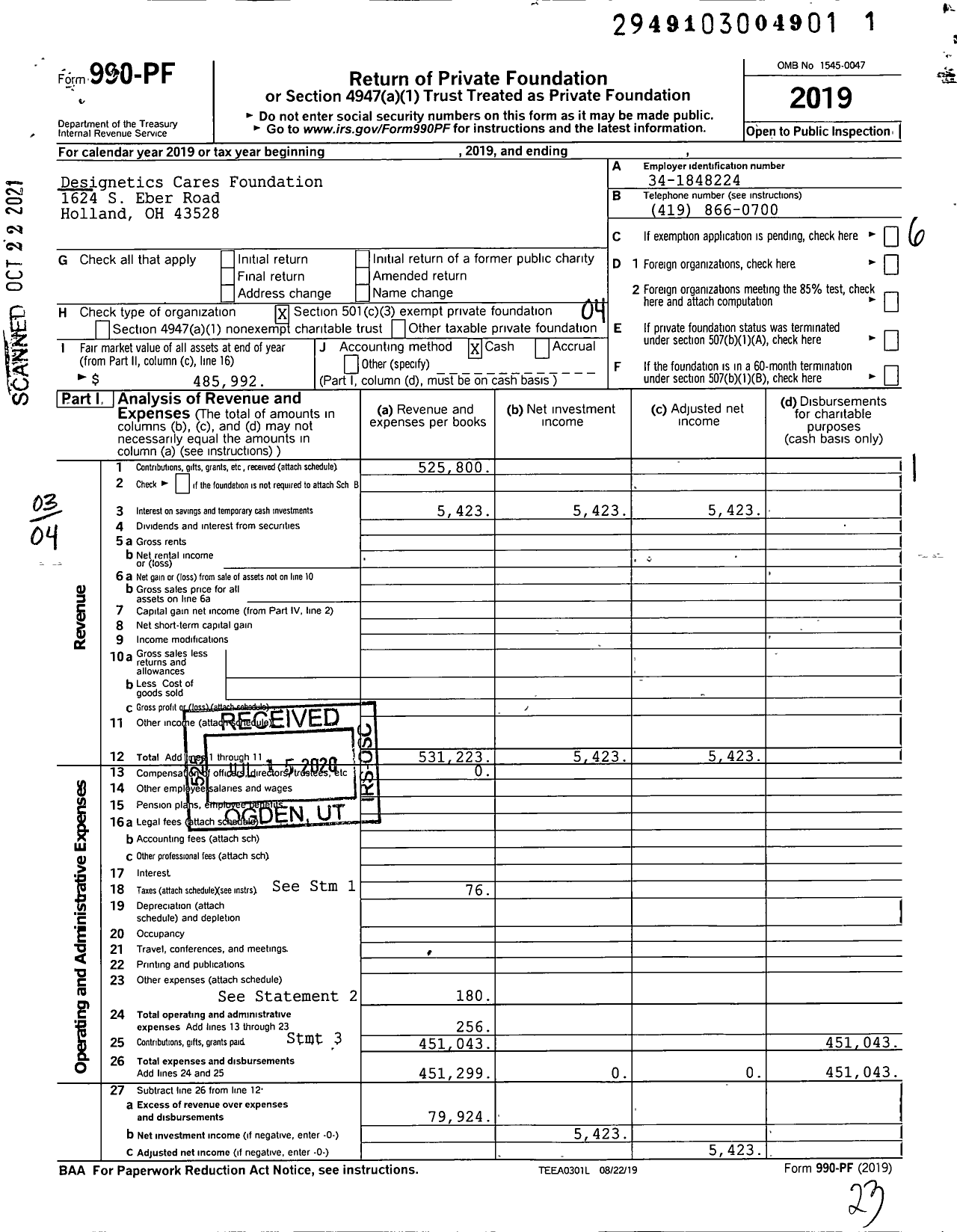 Image of first page of 2019 Form 990PF for Designetics Cares Foundation