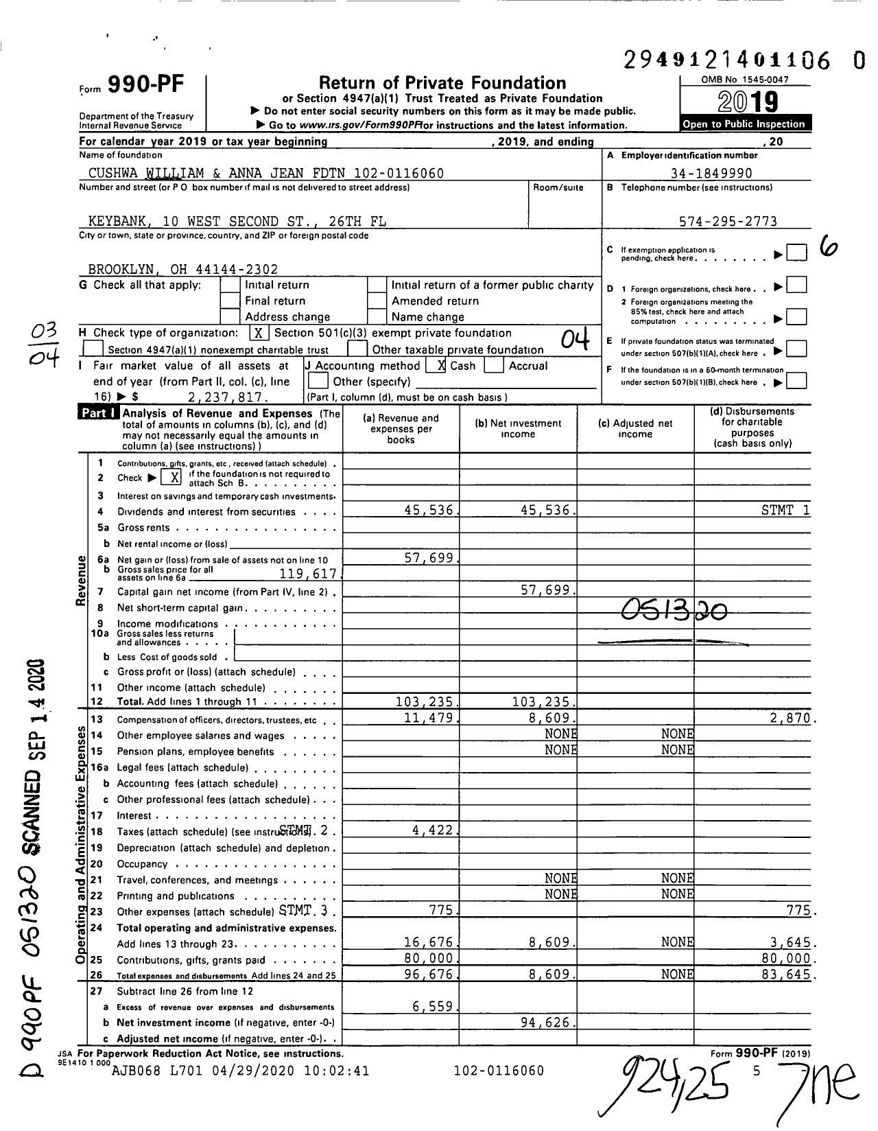 Image of first page of 2019 Form 990PR for Cushwa William and Anna Jean FDTN