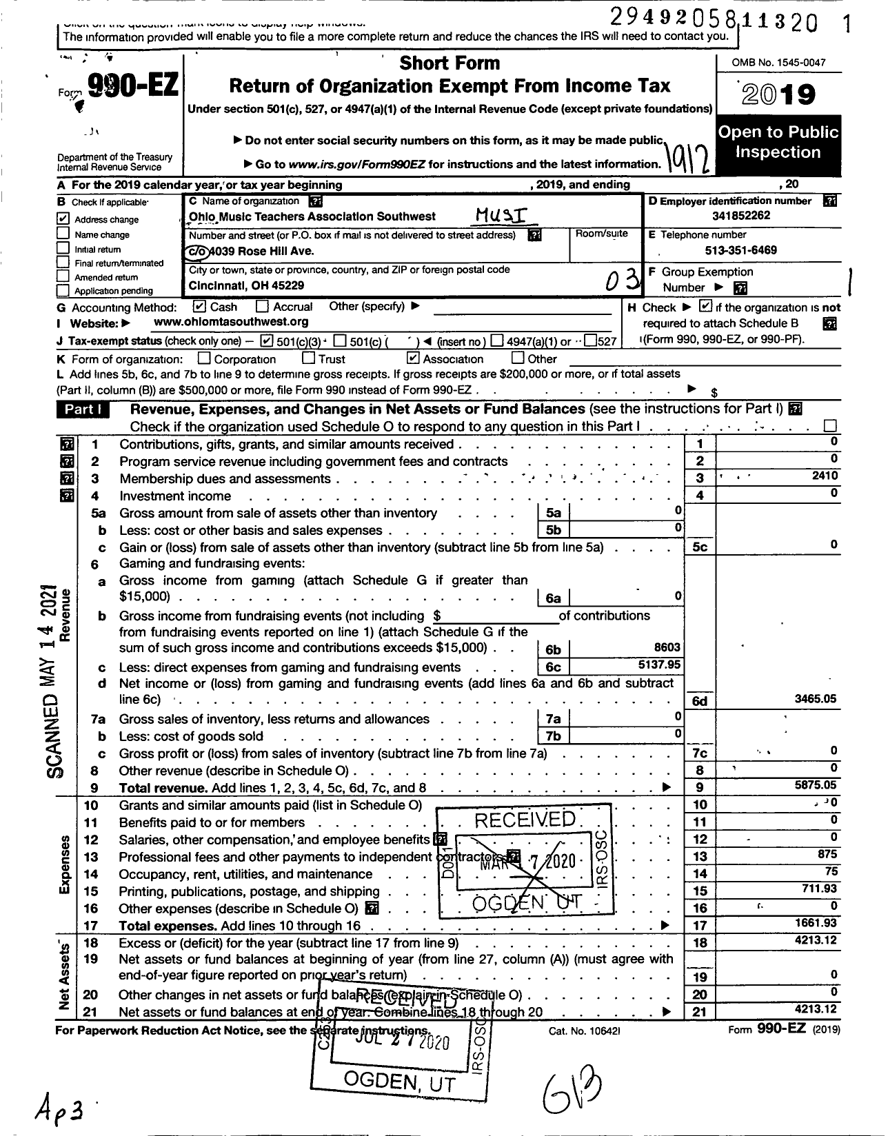 Image of first page of 2019 Form 990EZ for Music Teachers National Association / Ohio Mta Southwest District