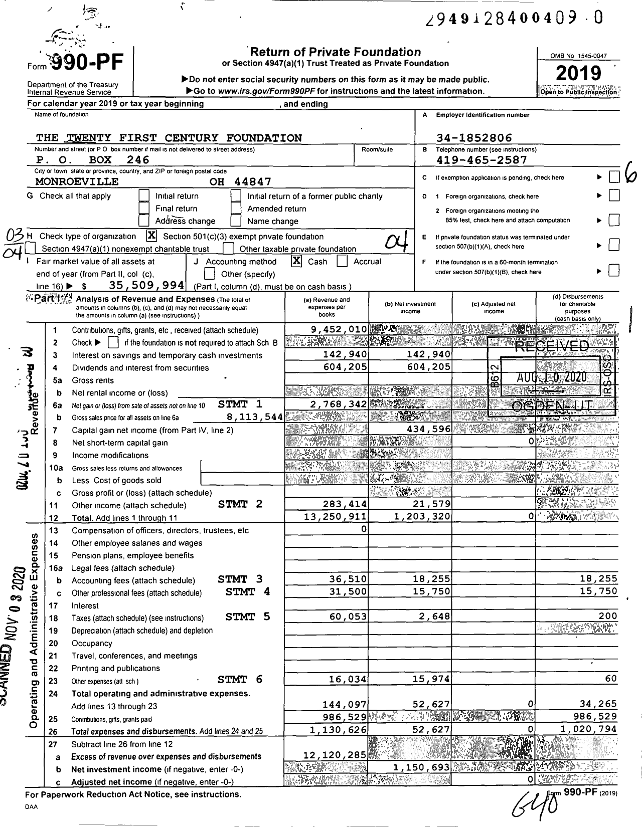 Image of first page of 2019 Form 990PF for The Twenty First Century Foundation