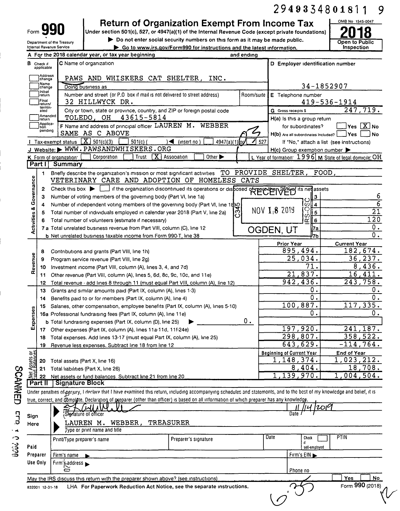 Image of first page of 2018 Form 990 for Paws and Whiskers Cat Shelter