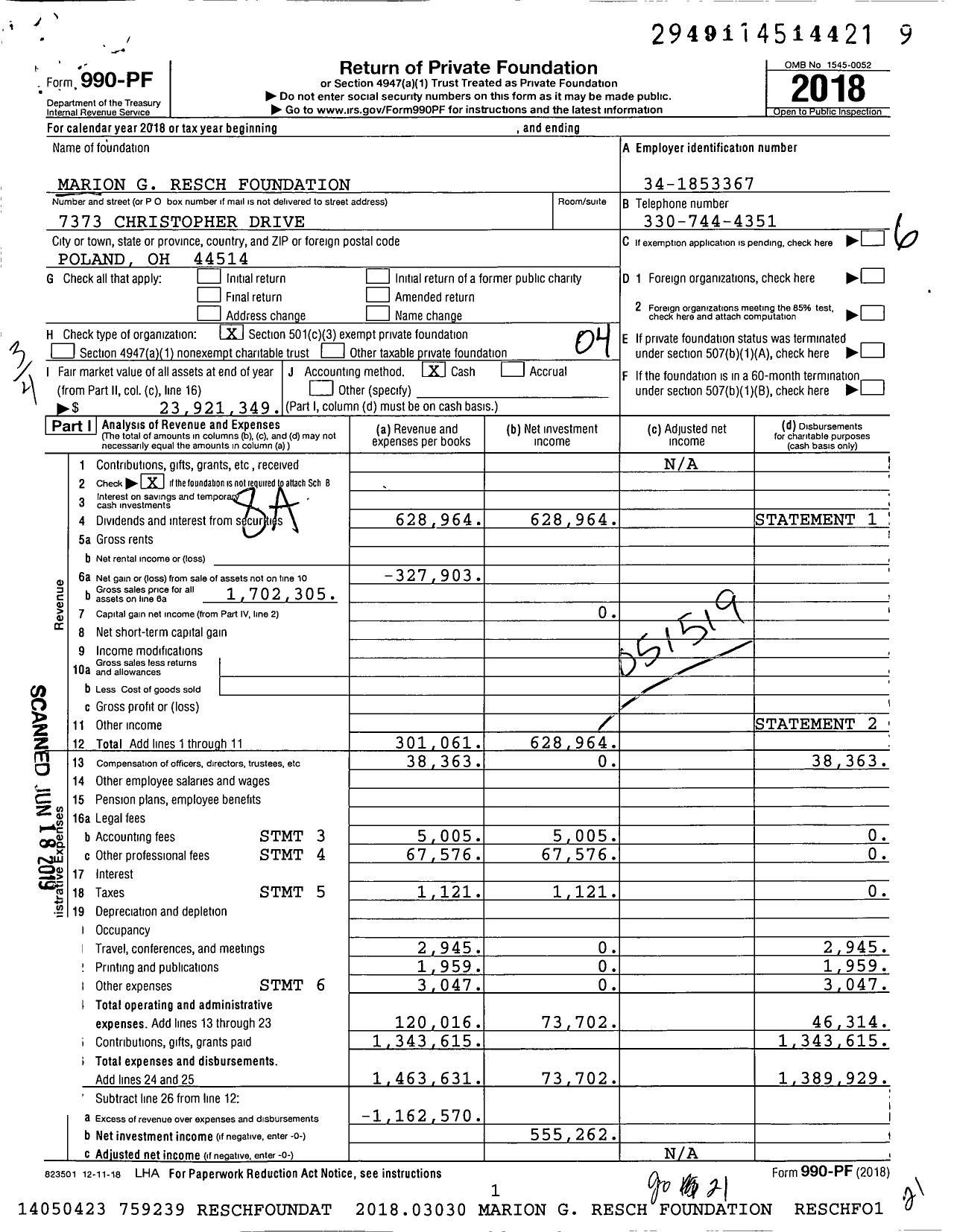 Image of first page of 2018 Form 990PF for Marion G Resch Foundation