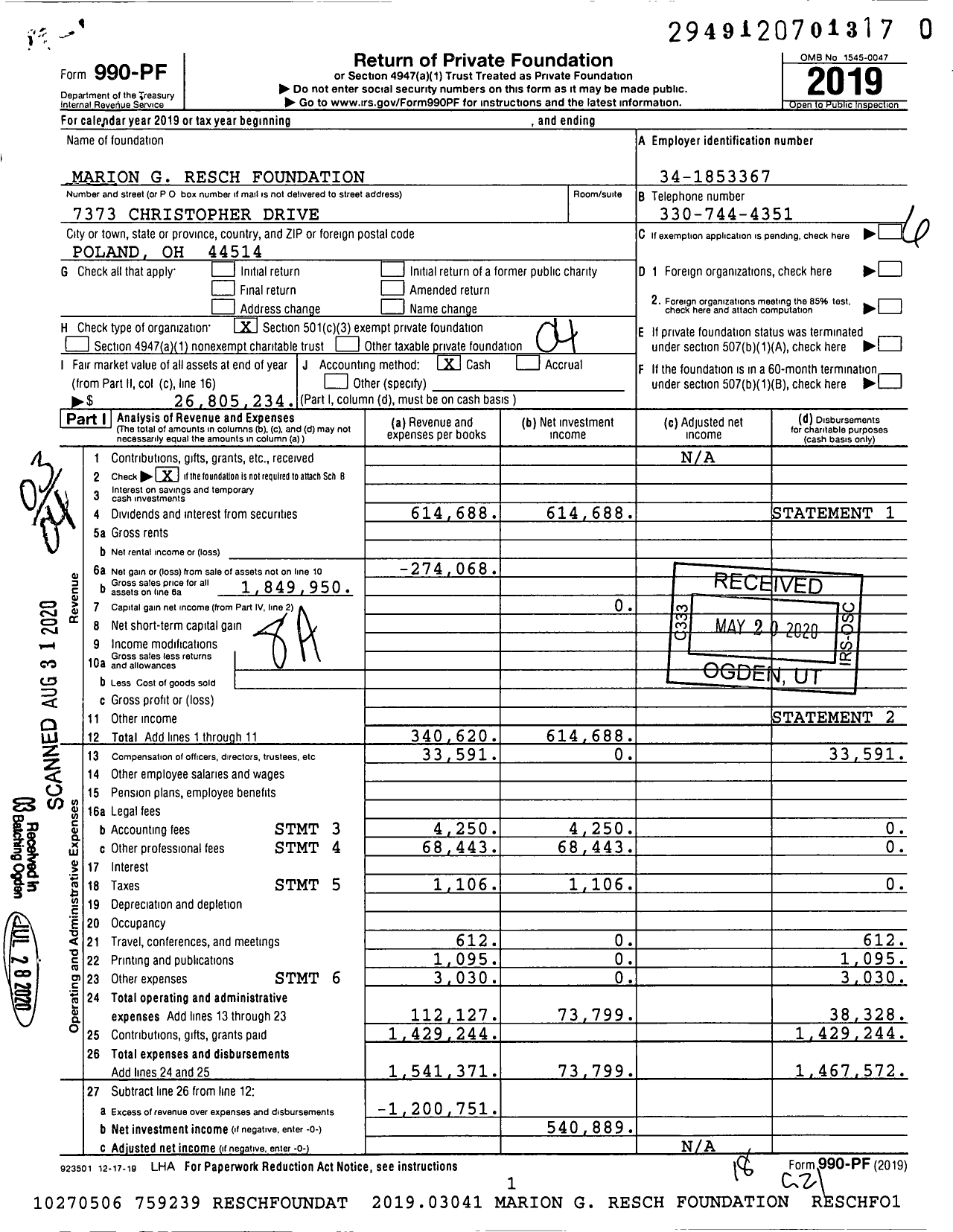 Image of first page of 2019 Form 990PR for Marion G Resch Foundation