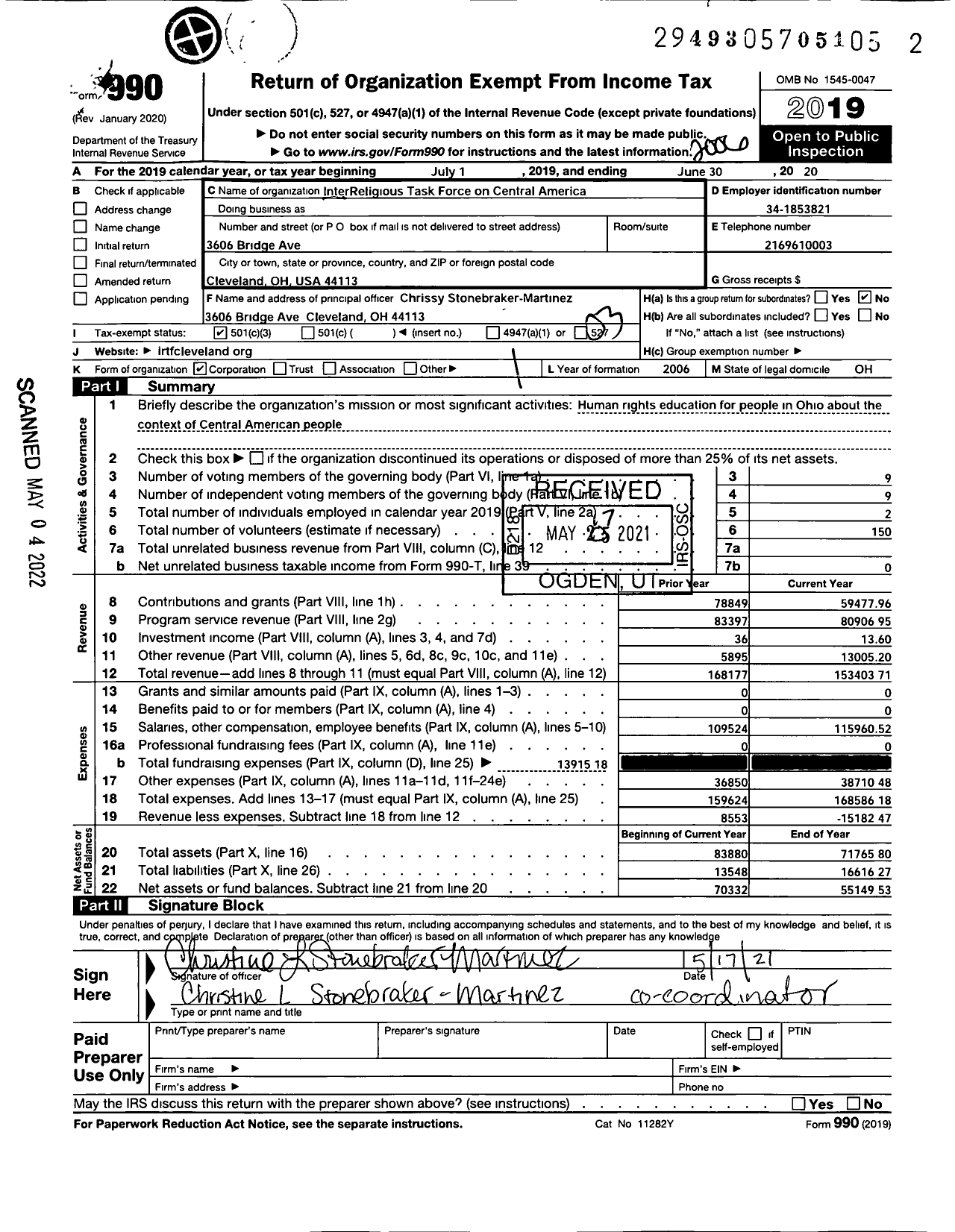 Image of first page of 2019 Form 990 for Interreligious Task Force on Central