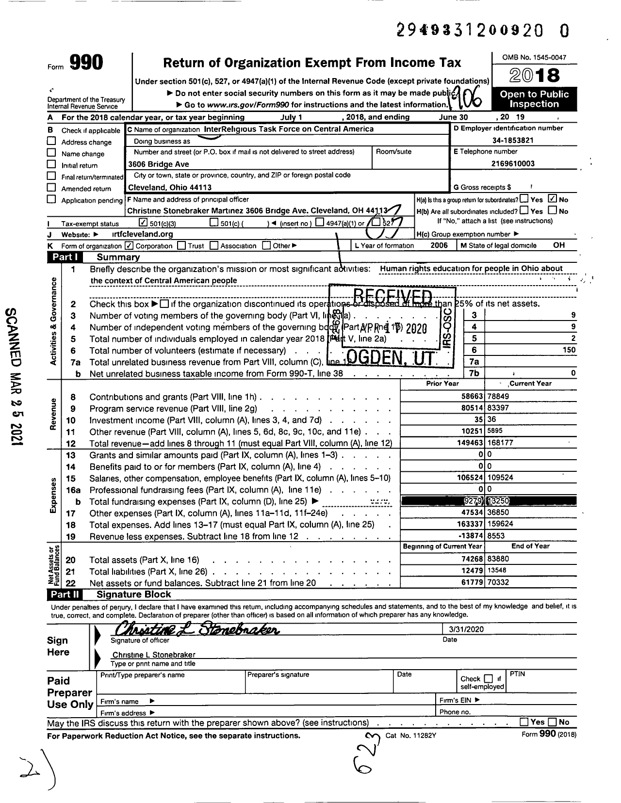 Image of first page of 2018 Form 990 for Interreligious Task Force on Central