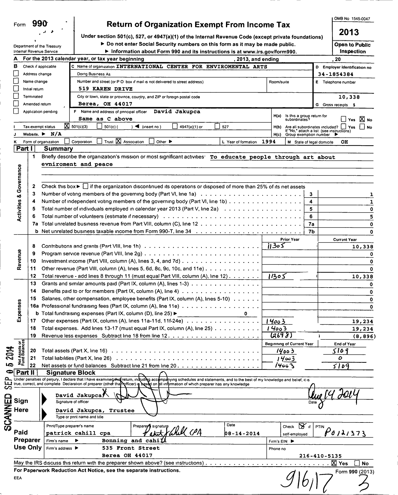 Image of first page of 2013 Form 990 for International Center for Environmental Arts