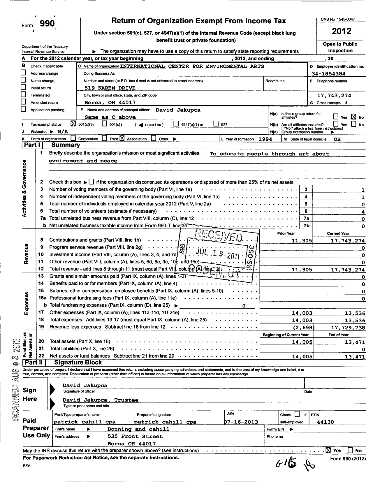 Image of first page of 2012 Form 990 for International Center for Environmental Arts