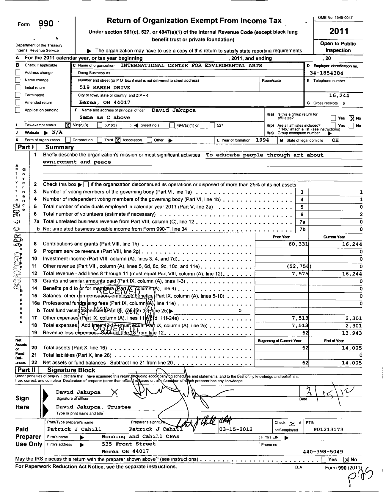 Image of first page of 2011 Form 990 for International Center for Environmental Arts