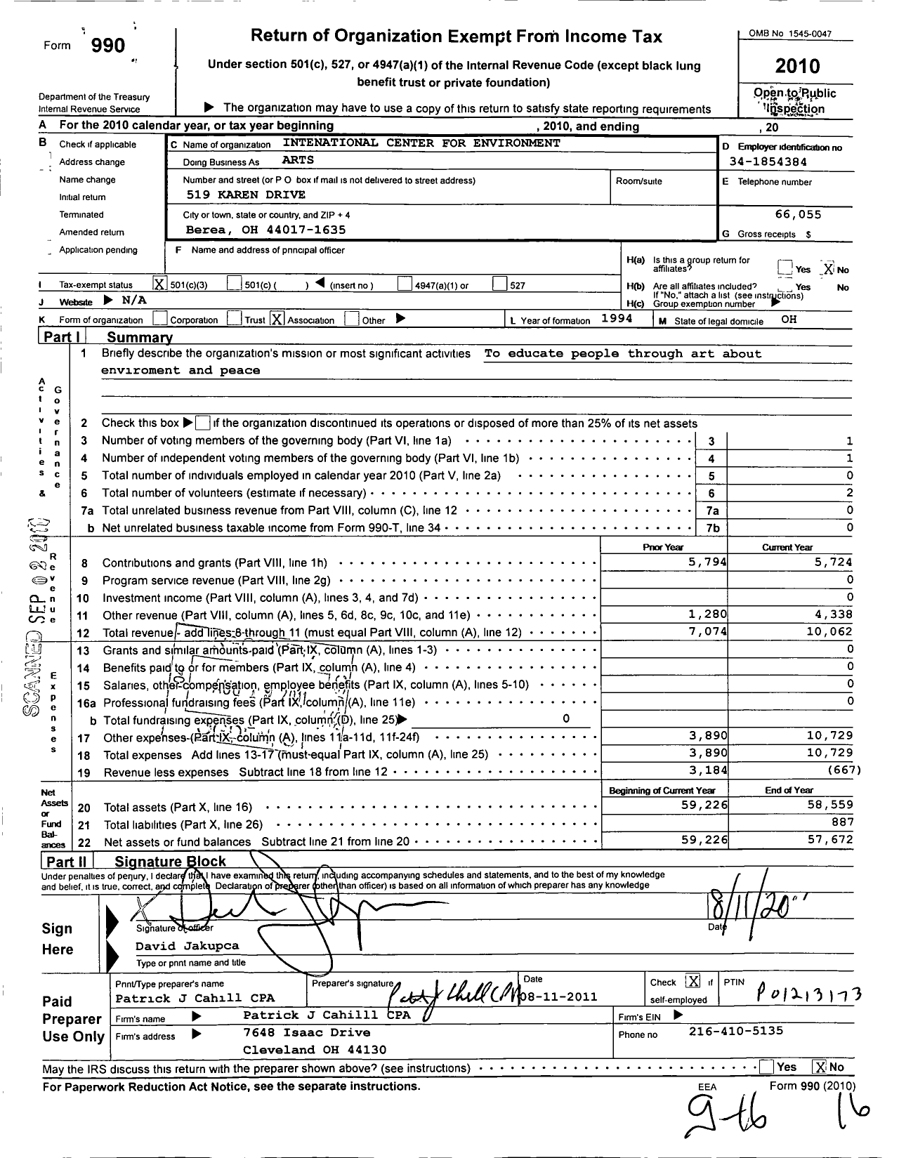 Image of first page of 2010 Form 990 for International Center for Environmental Arts