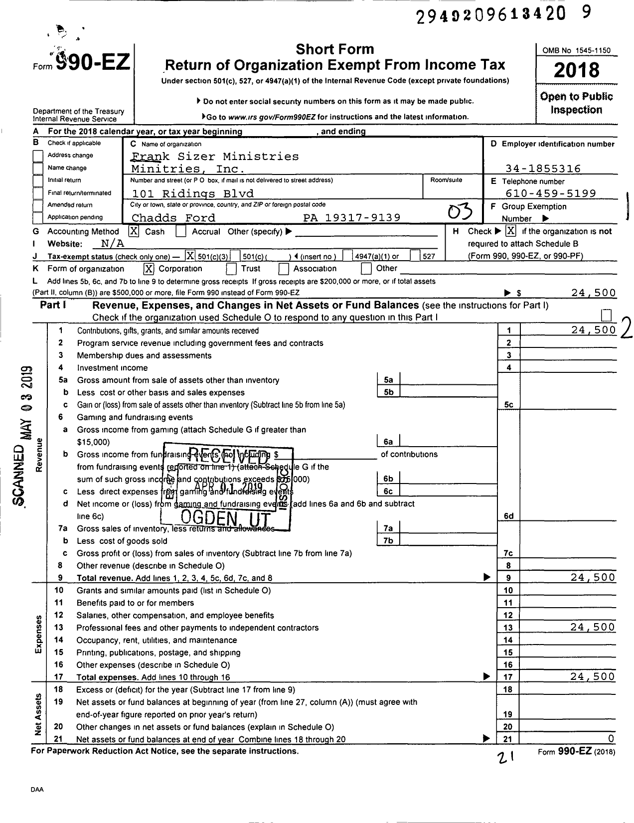 Image of first page of 2018 Form 990EZ for Frank Sizer Ministries