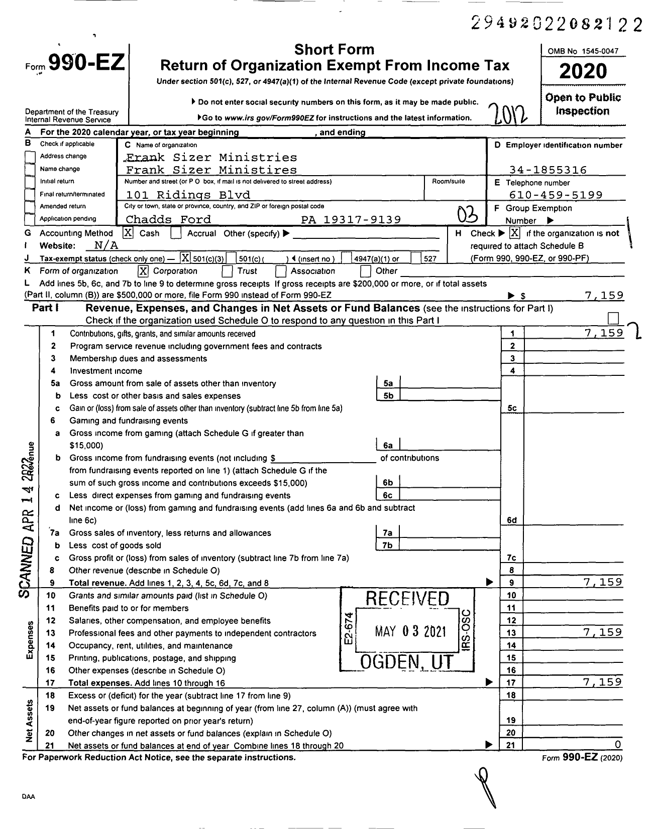 Image of first page of 2020 Form 990EZ for Frank Sizer Ministries