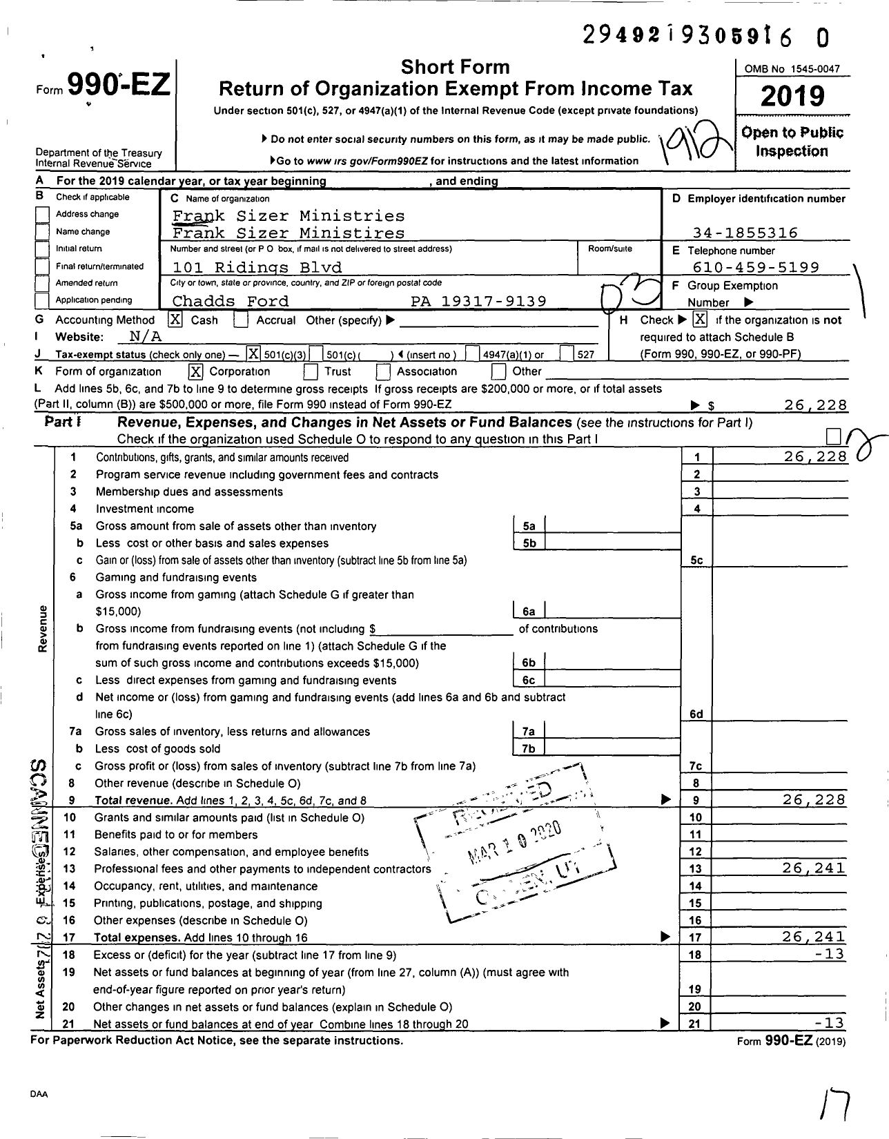 Image of first page of 2019 Form 990EZ for Frank Sizer Ministries