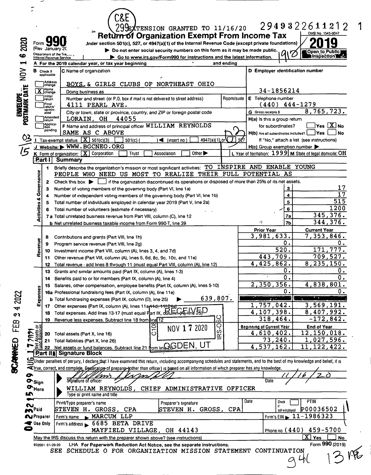 Image of first page of 2019 Form 990 for Boys and Girls Clubs of Northeast Ohio