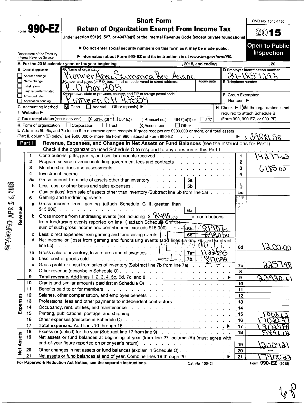 Image of first page of 2015 Form 990EZ for Pioneer Area Summer Recreation Association