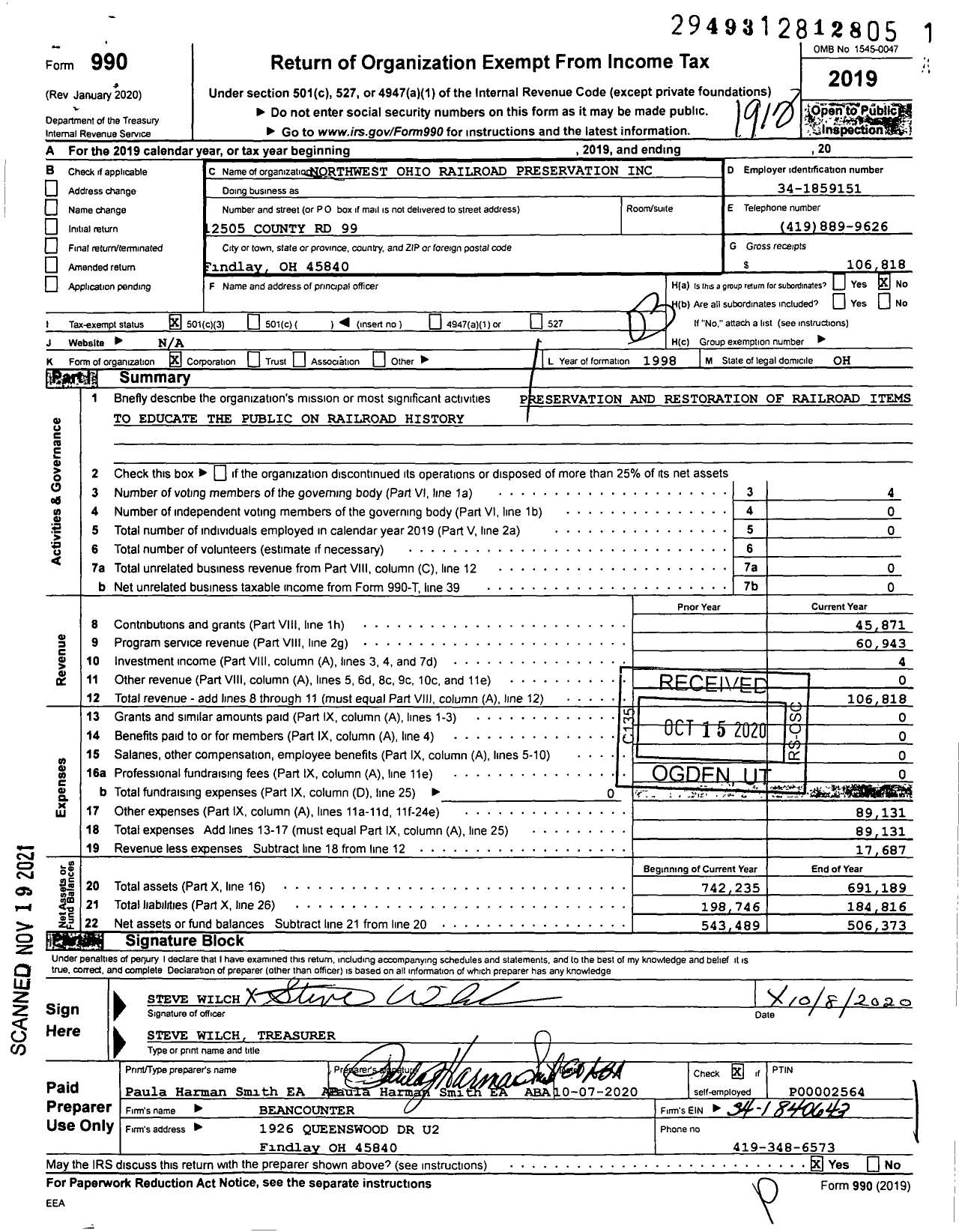 Image of first page of 2019 Form 990 for Northwest Ohio Railroad Preservation