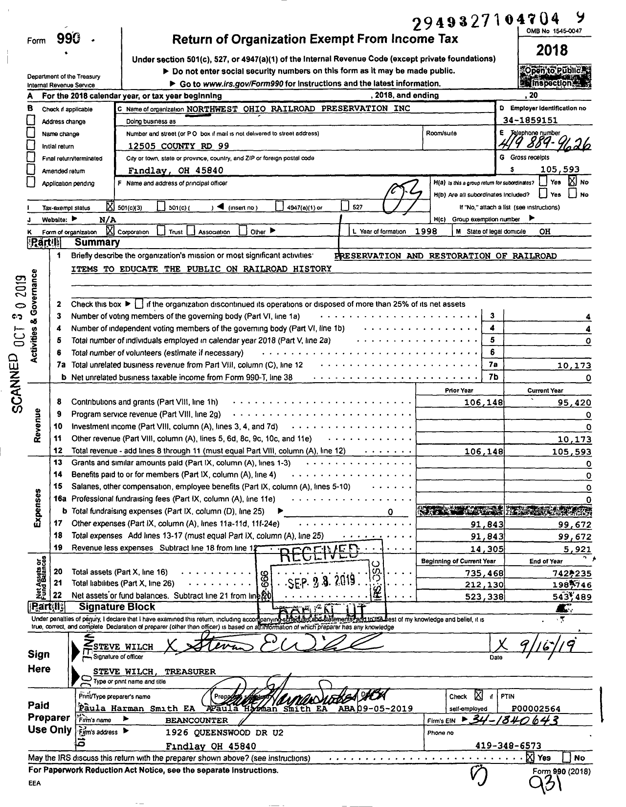 Image of first page of 2018 Form 990 for Northwest Ohio Railroad Preservation