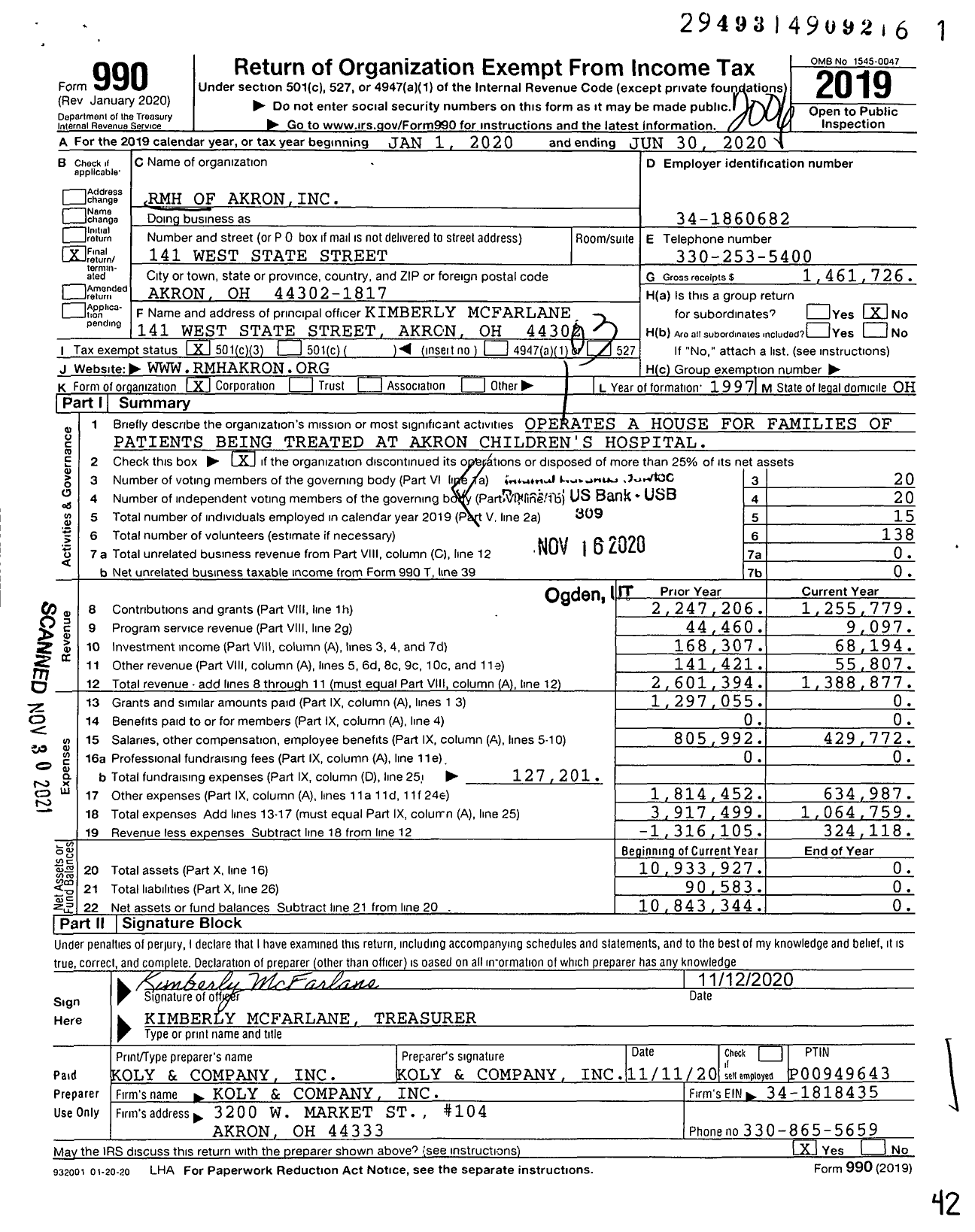 Image of first page of 2019 Form 990 for RMH of Akron