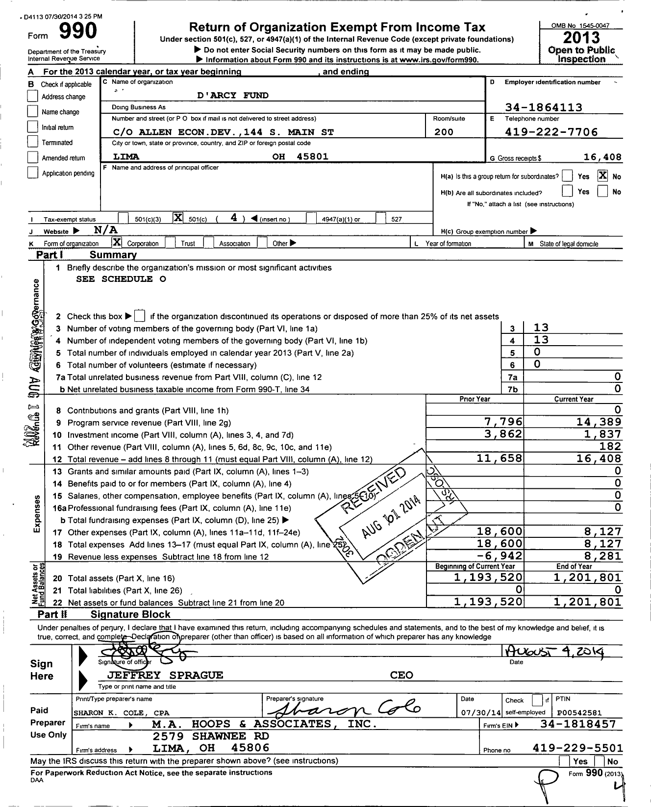 Image of first page of 2013 Form 990O for D'arcy Fund