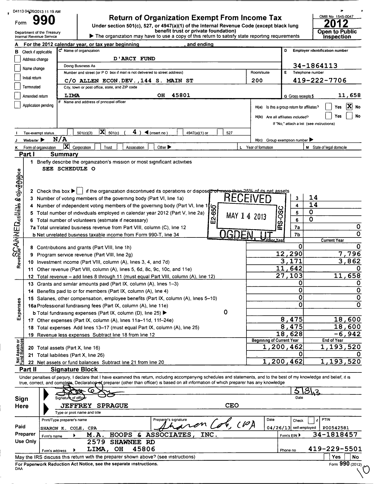 Image of first page of 2012 Form 990O for D'arcy Fund