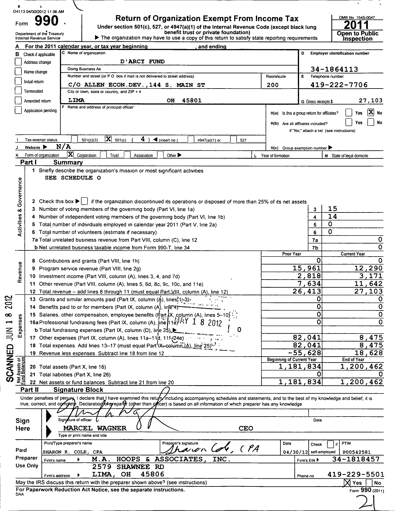 Image of first page of 2011 Form 990O for D'arcy Fund