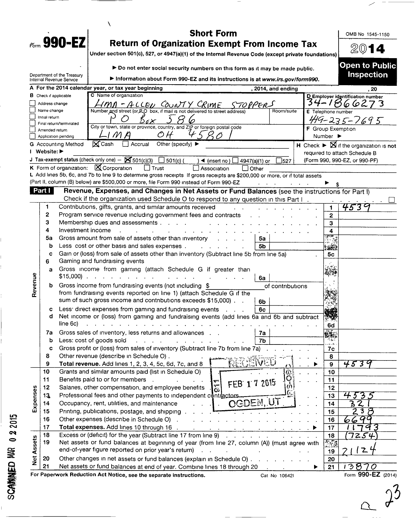 Image of first page of 2014 Form 990EZ for Lima-Allen County Crime Stoppers