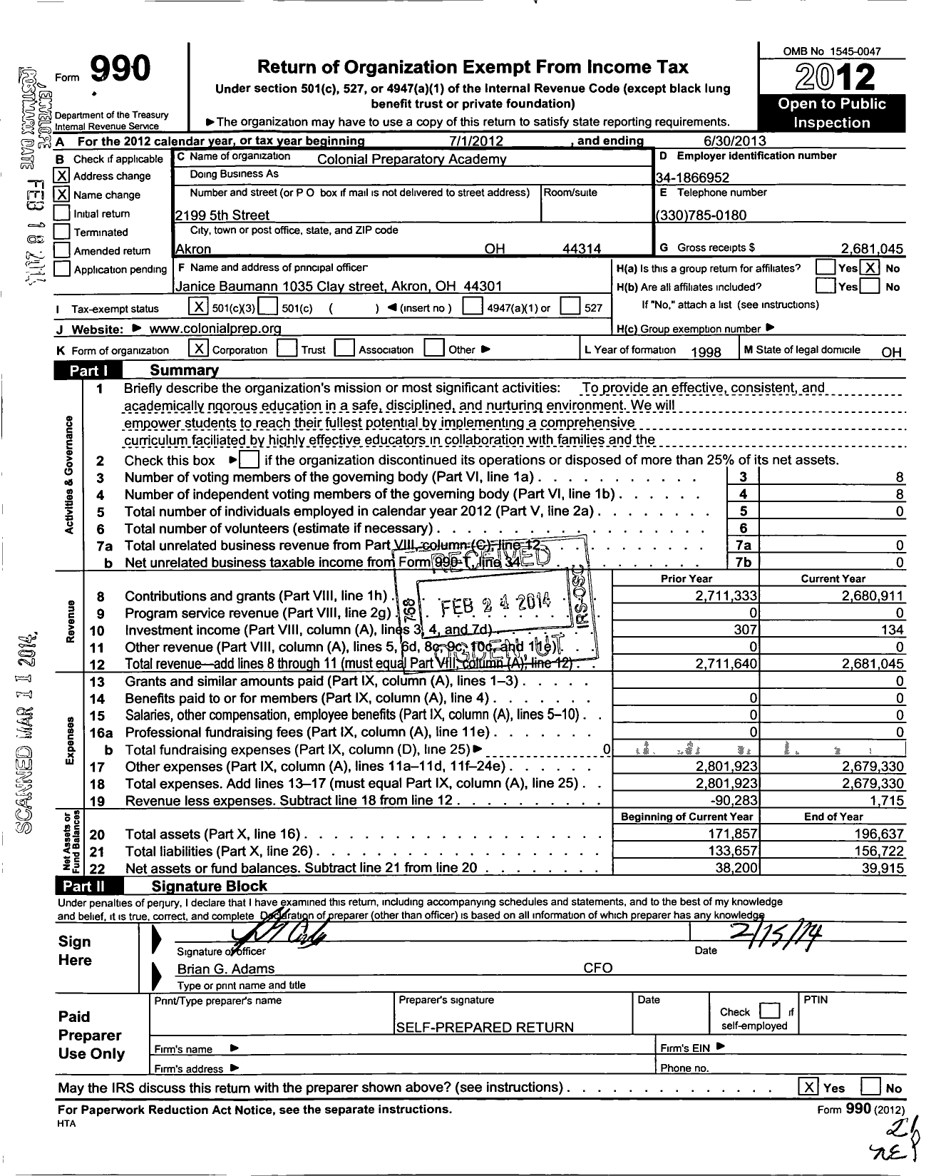 Image of first page of 2012 Form 990 for Colonial Preparatory Academy