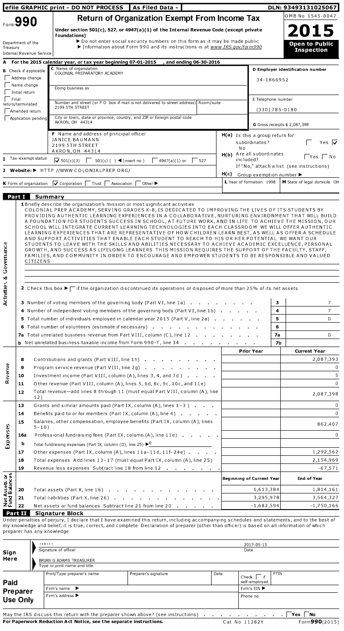 Image of first page of 2015 Form 990 for Colonial Preparatory Academy