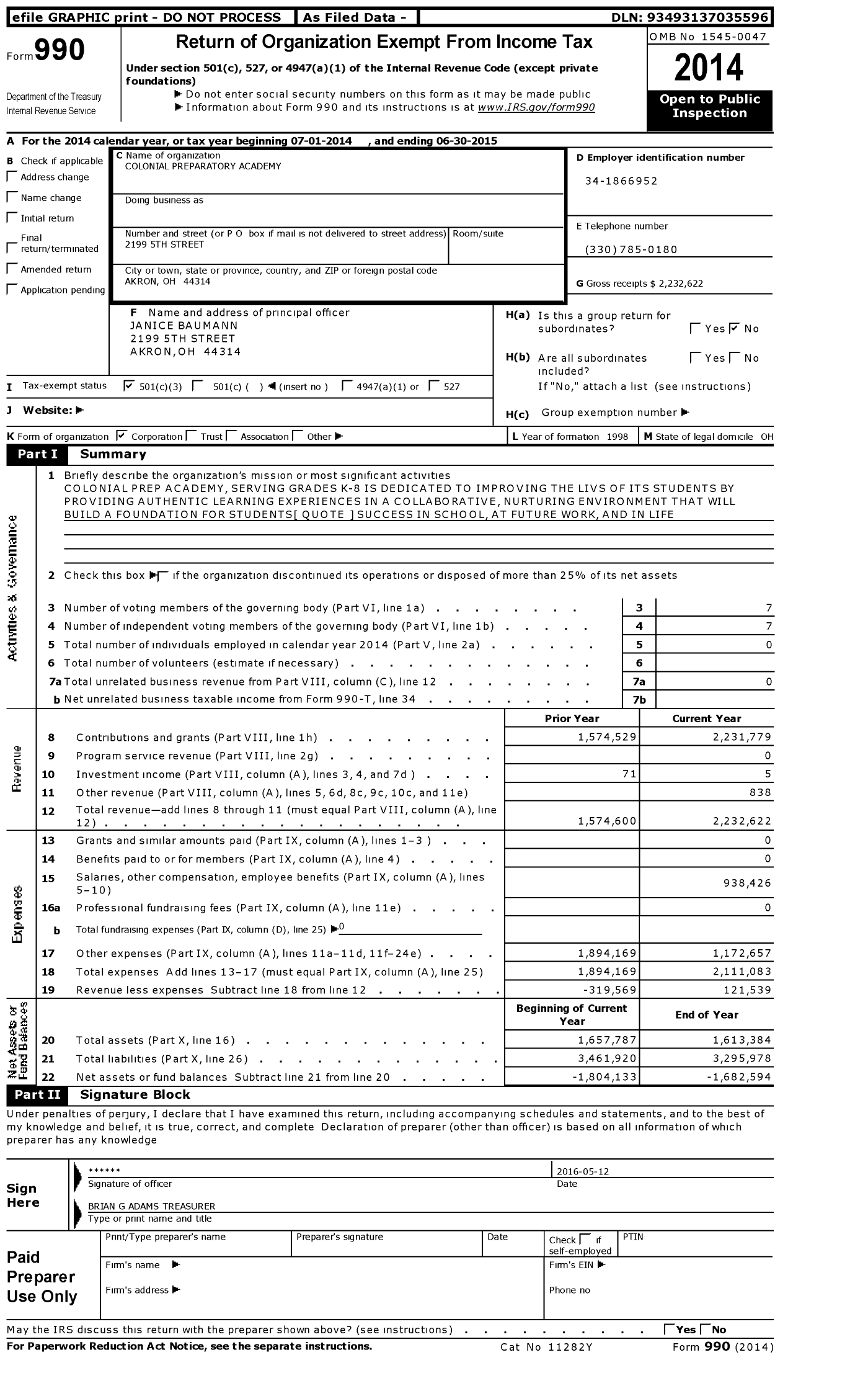 Image of first page of 2014 Form 990 for Colonial Preparatory Academy