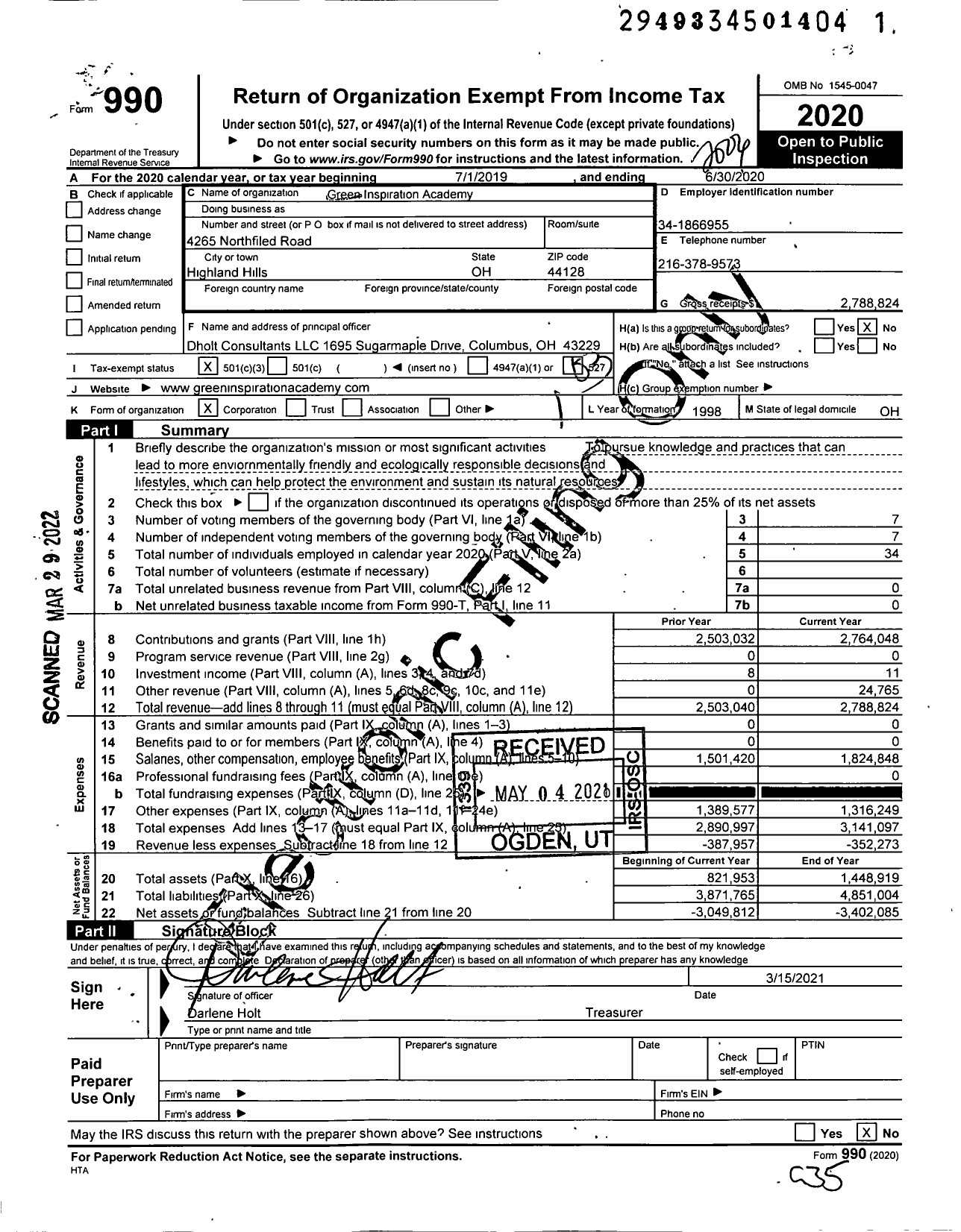 Image of first page of 2019 Form 990 for Green Inspiration Academy