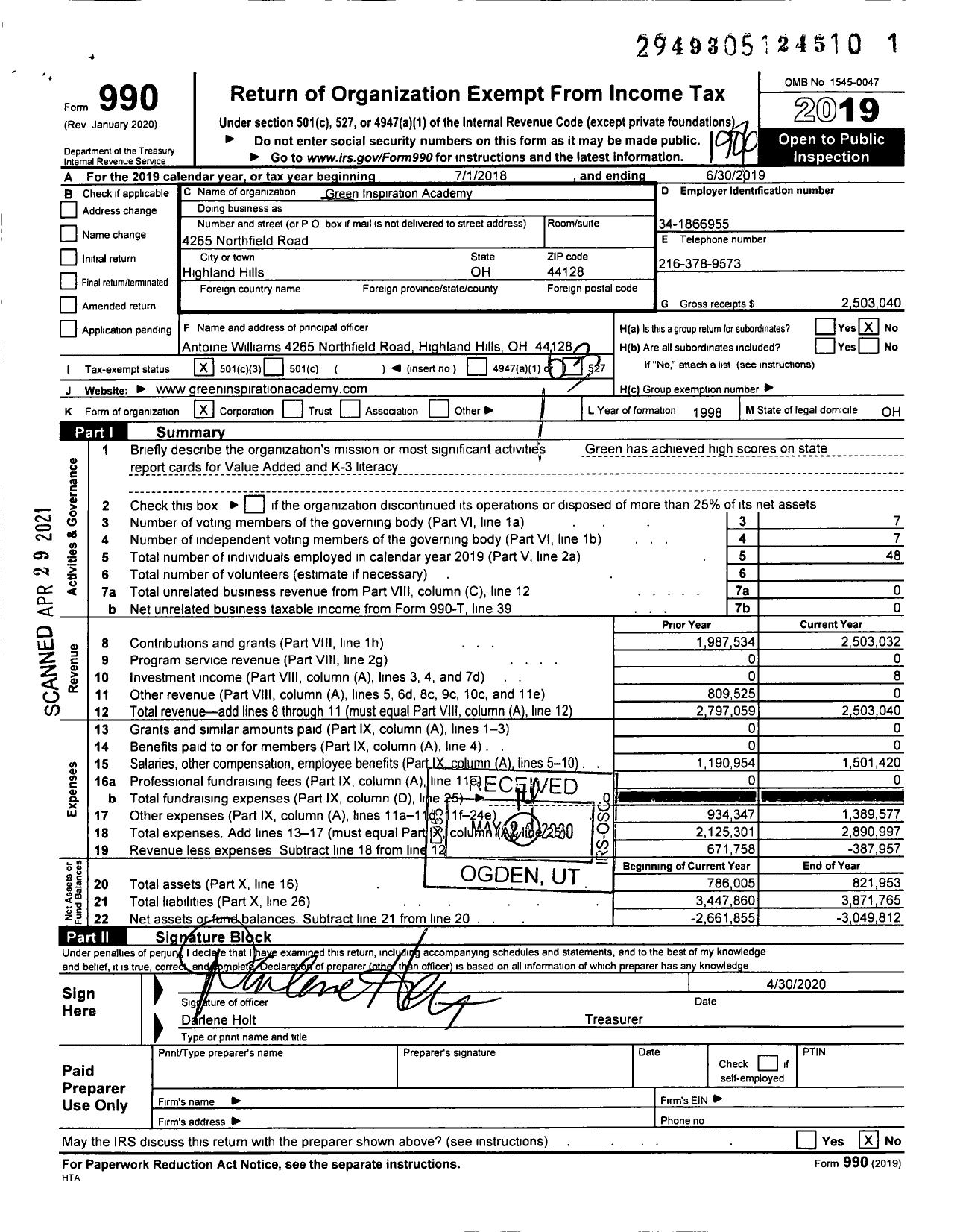 Image of first page of 2018 Form 990 for Green Inspiration Academy